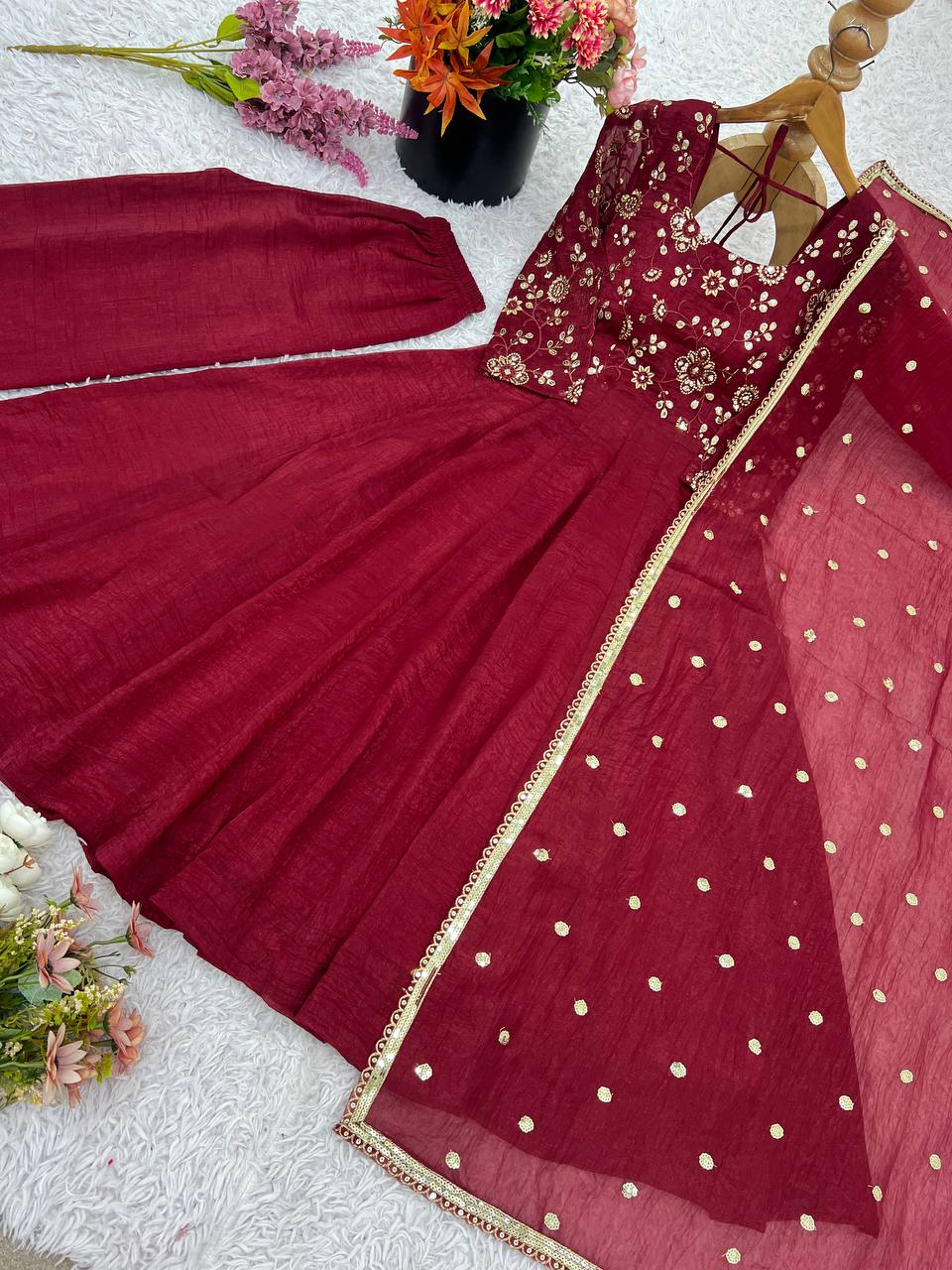 Premium Women’s Ethnic Wear Crunchy Silk Gown Set with Embroidered Dupatta & Matching Pant