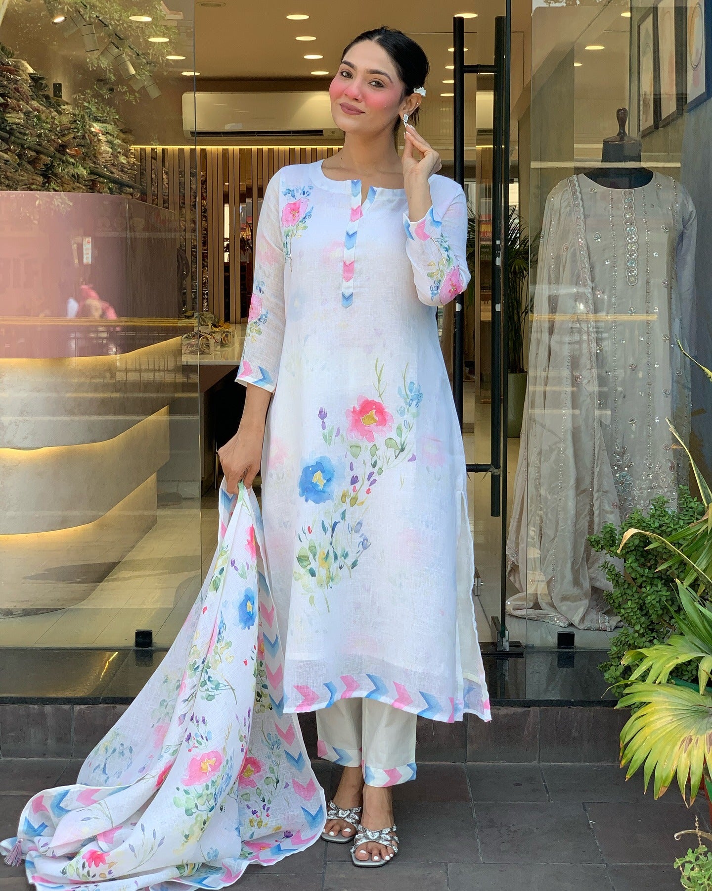 Women's Pure Linen Embroidered Kurta with Pant & Dupatta | Premium Readymade 3-Piece Suit Set | Elegant & Breathable Ethnic Wear for Summer, Office, and Semi-Formal Occasions