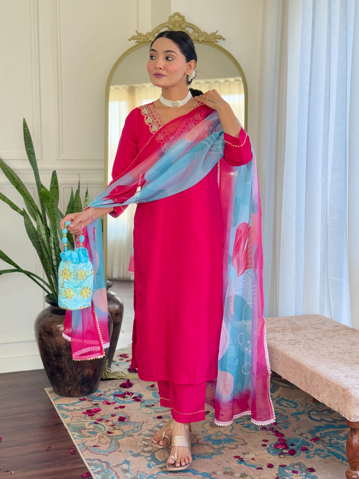 Casual Ethnic Wear Embroidered Reyon Slub Suit Set with Printed Teby Silk Dupatta – 3-Piece