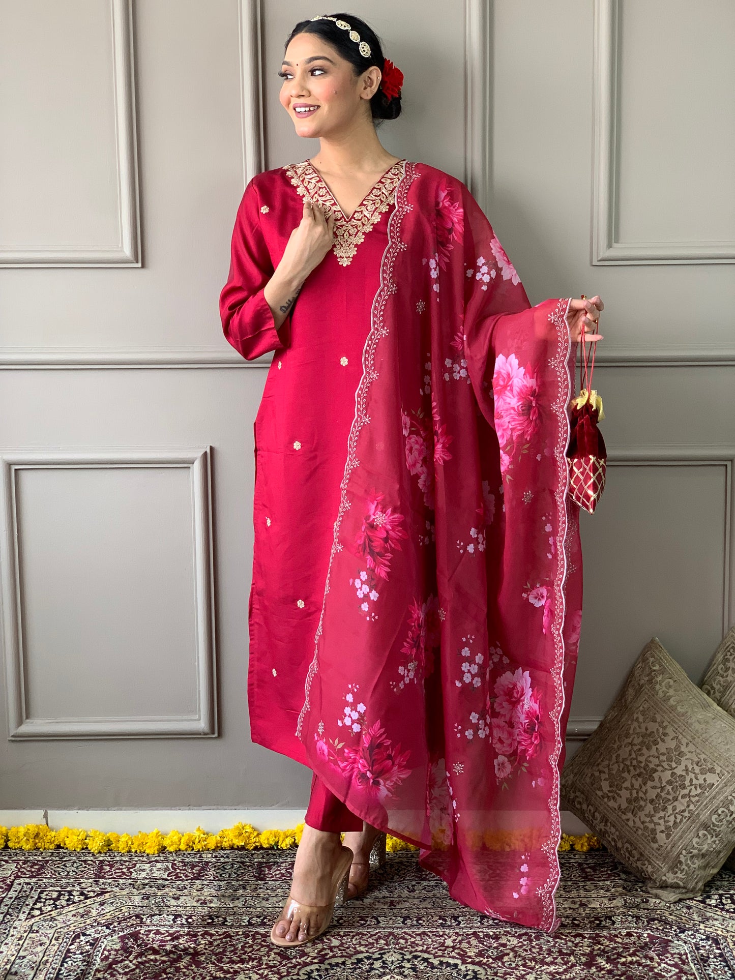 Women’s Viscose Chanderi Kurti Set with Embroidered Nylon Taby Dupatta & Pant – Full Sleeve, Designer V Neck