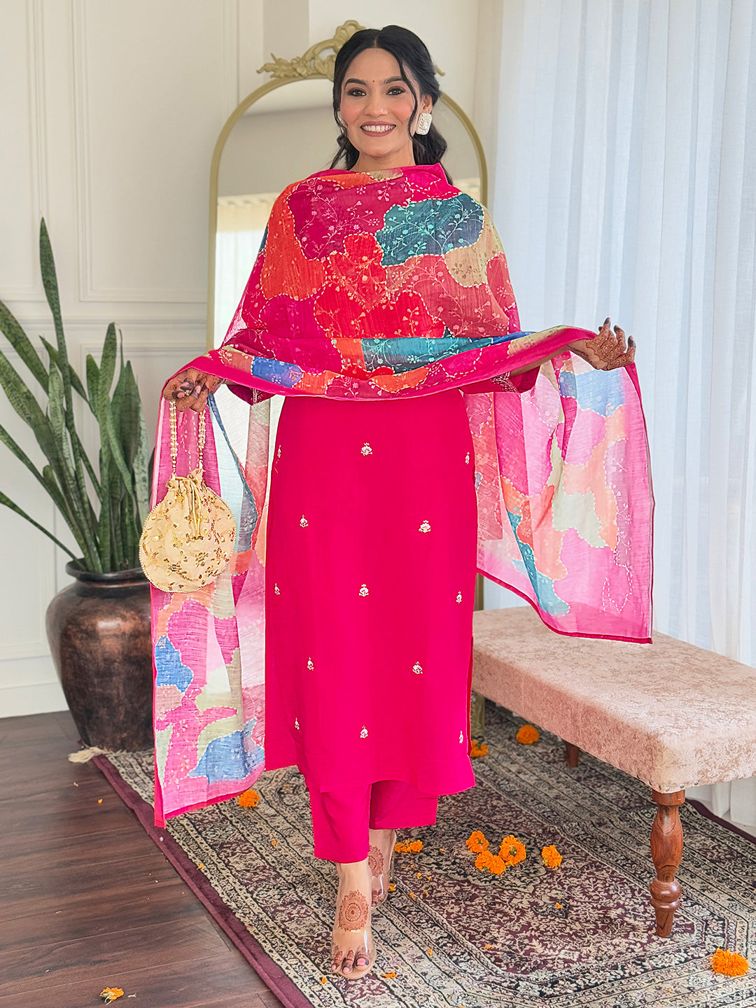 Embroidered Viscose Chanderi Suit Set with Elegant Linen Dupatta – 3-Piece Graceful Ethnic Ensemble