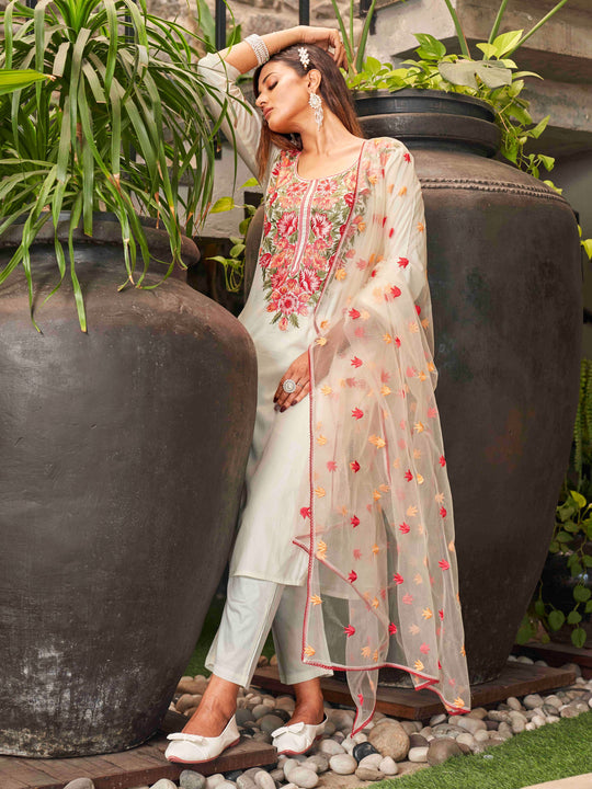 Women's Viscose Chanderi Embroidered Kurta with Pant & Soft Butter Net Dupatta | Readymade 3-Piece Ethnic Suit Set | Elegant & Lightweight Wear for Festive, Party & Semi-Formal Occasions