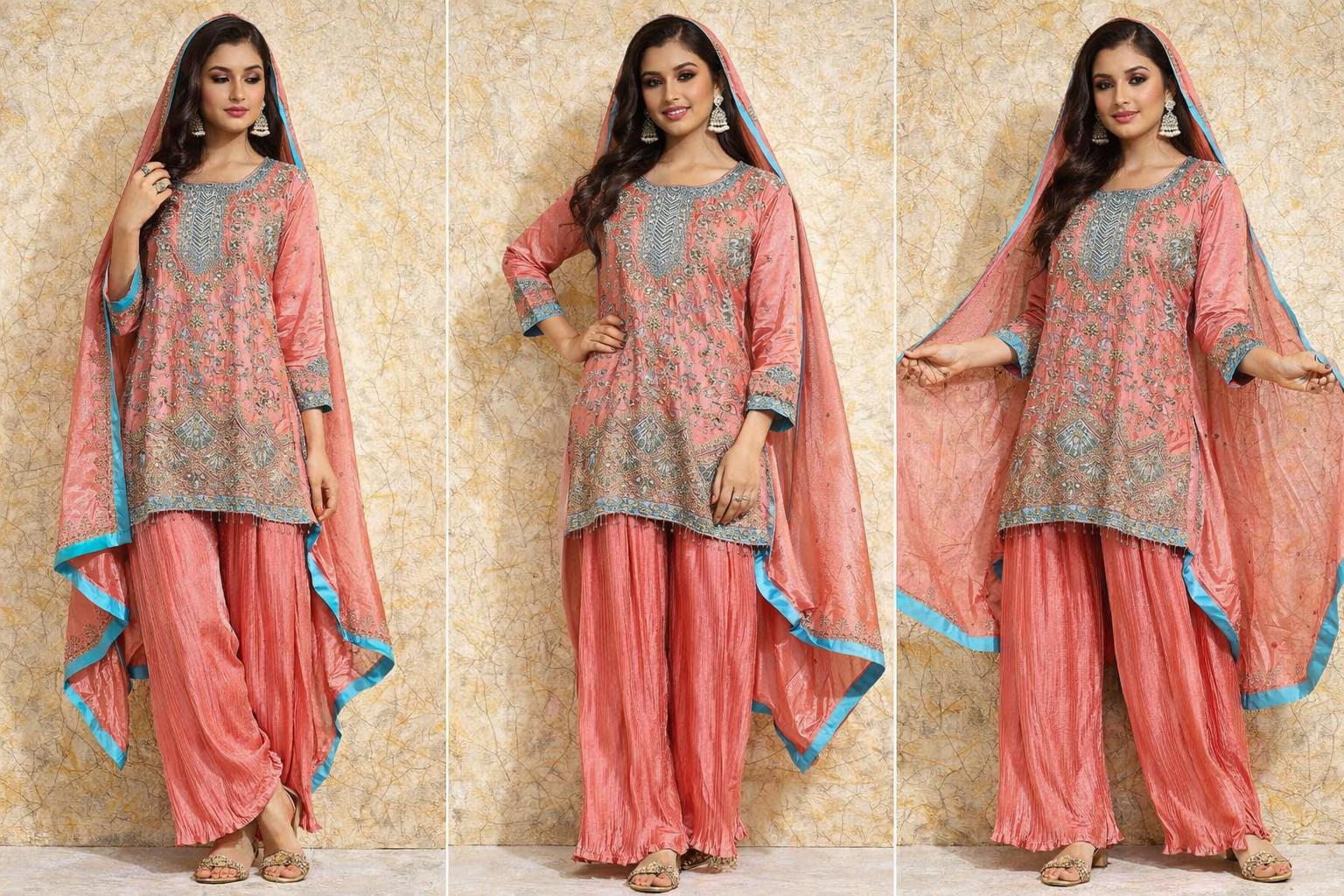 Women’s Peach Embroidered Chinnon Kurta Sharara Set with Dupatta | Fully Stitched Ethnic Wear | Festive & Party Outfit