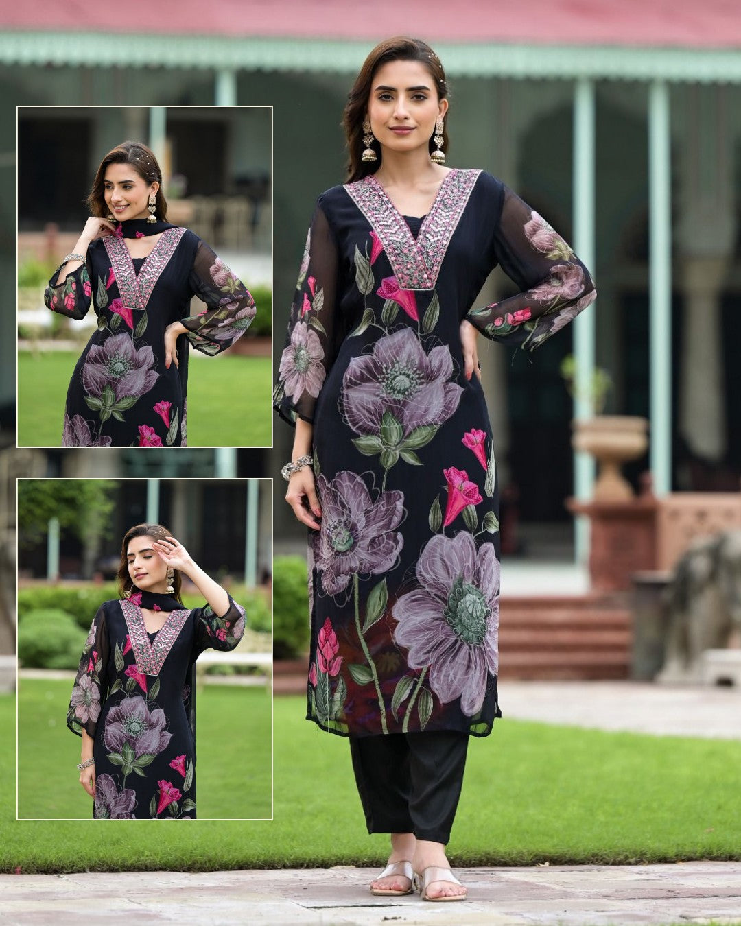 Stylish Georgette Embroidered Kurti Set with Viscose Chanderi Dupatta – 3-Piece Ethnic Wear for Women