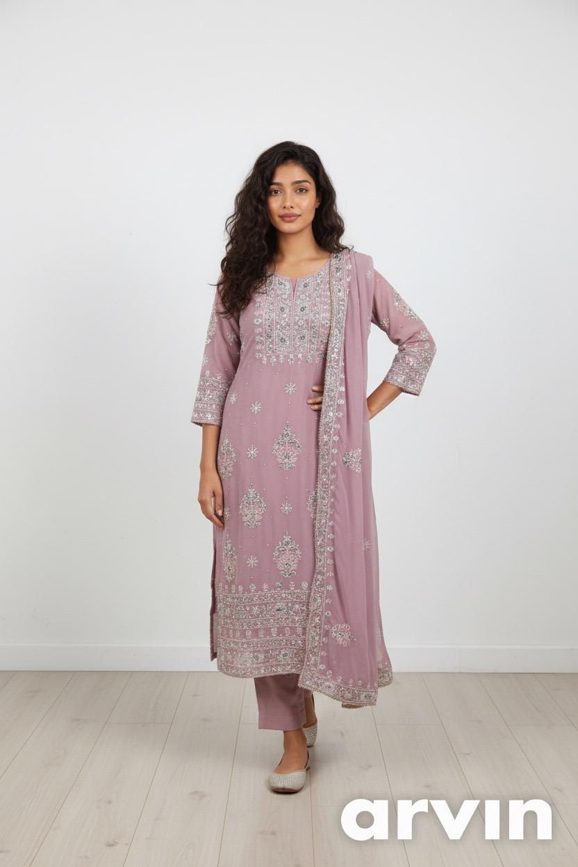 Women's New Pink Embroidered Fox Georgette Suit Palazzo Set with Dupatta | Fully Stitched | Festive & Party Wear