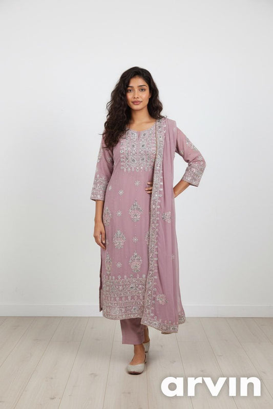 Women's New Pink Embroidered Fox Georgette Suit Palazzo Set with Dupatta | Fully Stitched | Festive & Party Wear