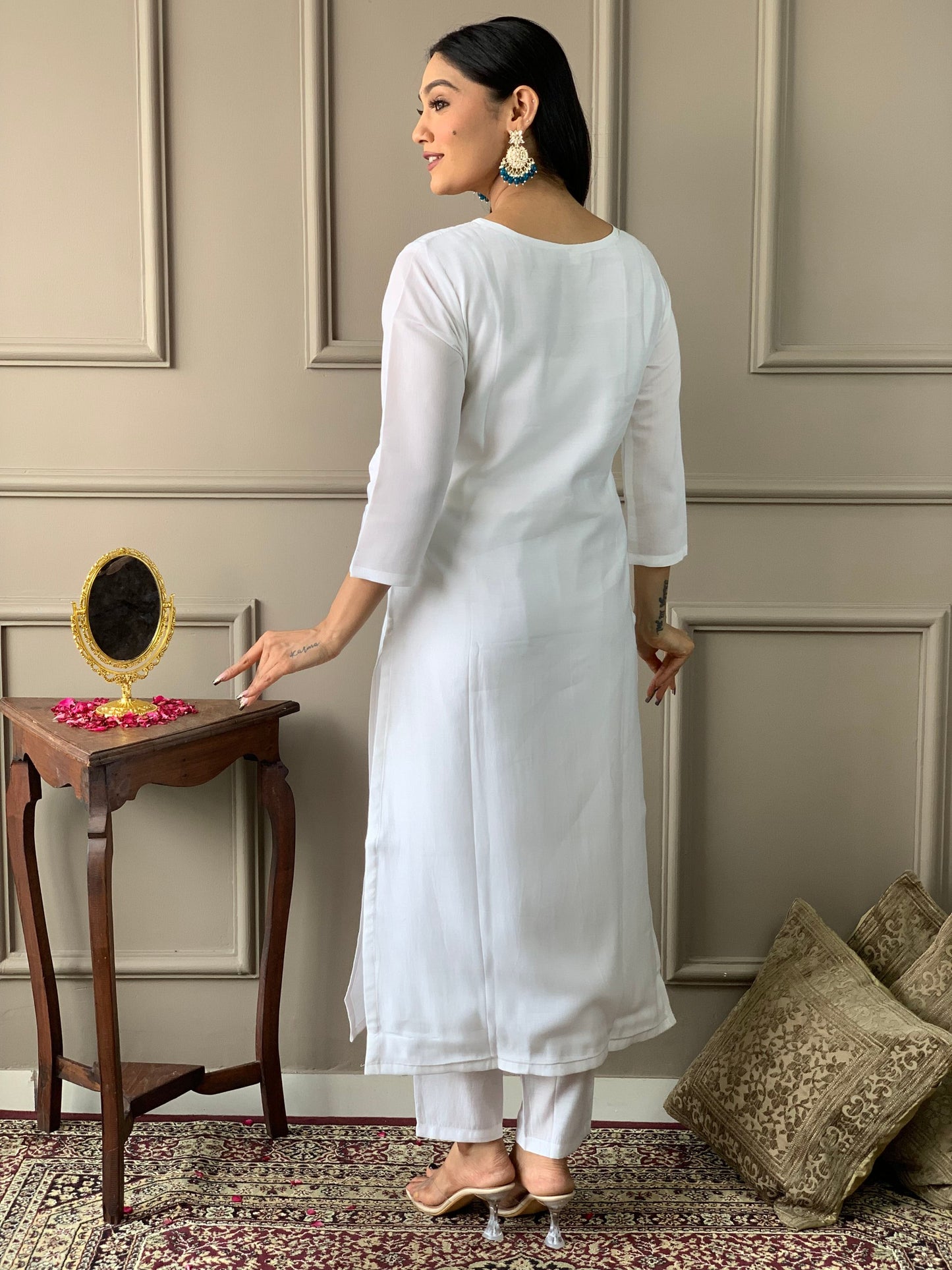 Minimalist White Embroidered Suit Set with Chanderi Fabric & Teby Dupatta