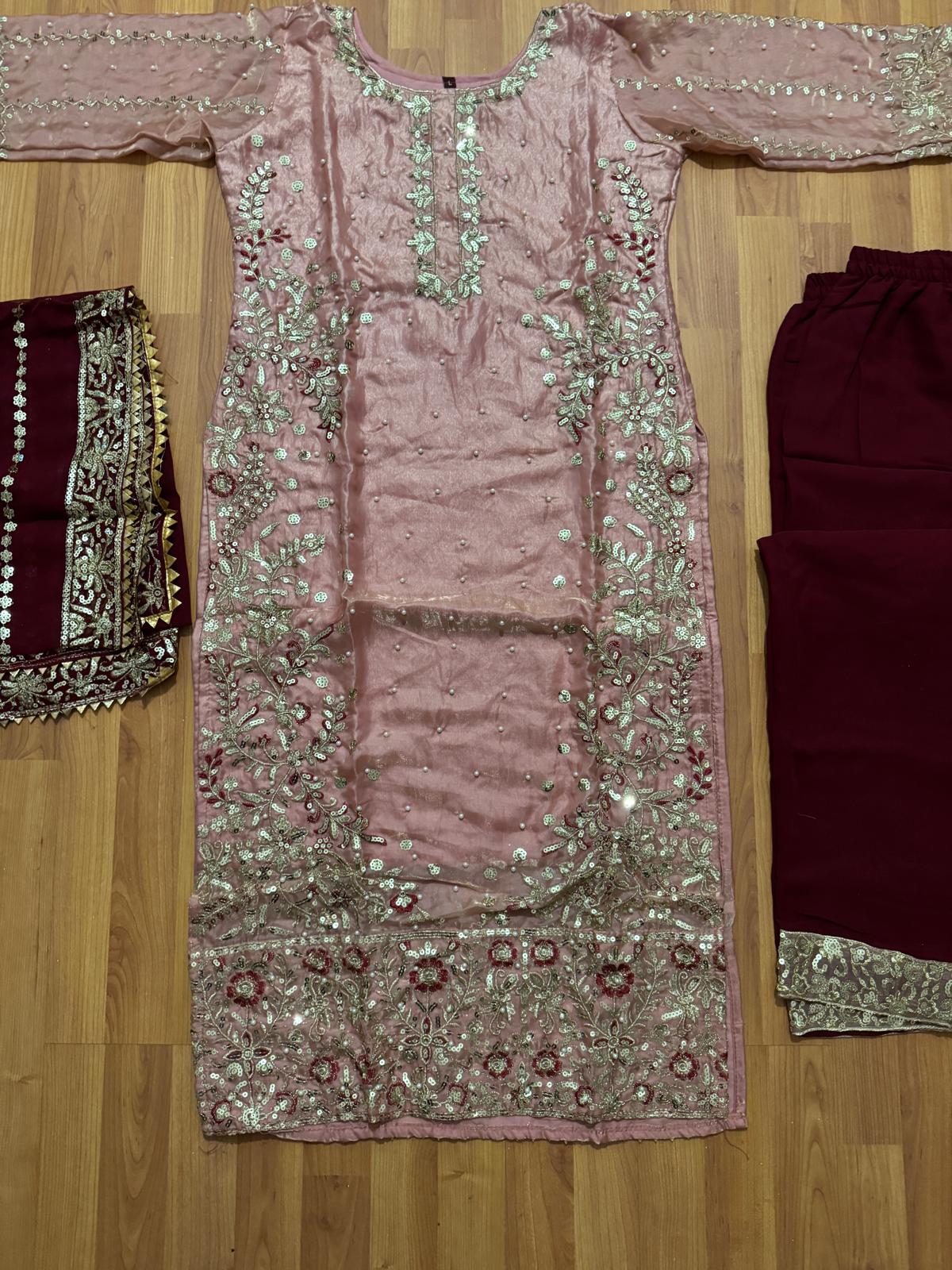 Women’s Rose Pink & Deep Maroon Chinnon Embroidered Kurta Sharara Set with Dupatta | Fully Stitched Festive Wear