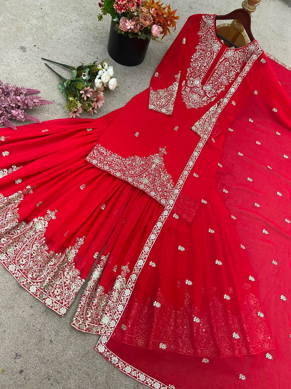 Designer Faux Georgette Sharara Set with Embroidered Dupatta | Fully Stitched Premium Ethnic Wear