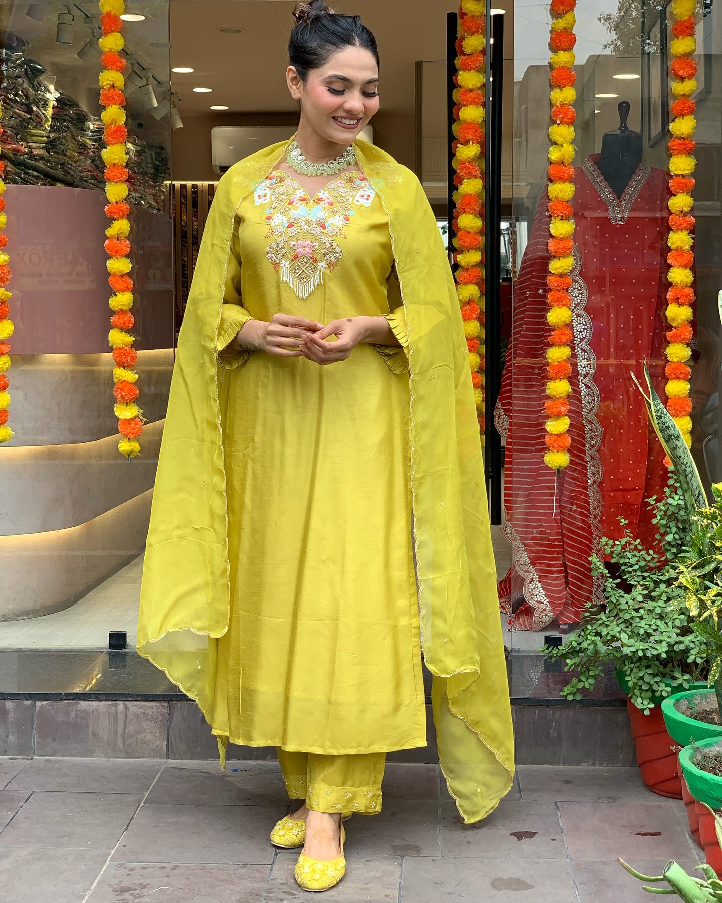 Chanderi Silk Embroidered Suit Set with Lightweight Organza Dupatta