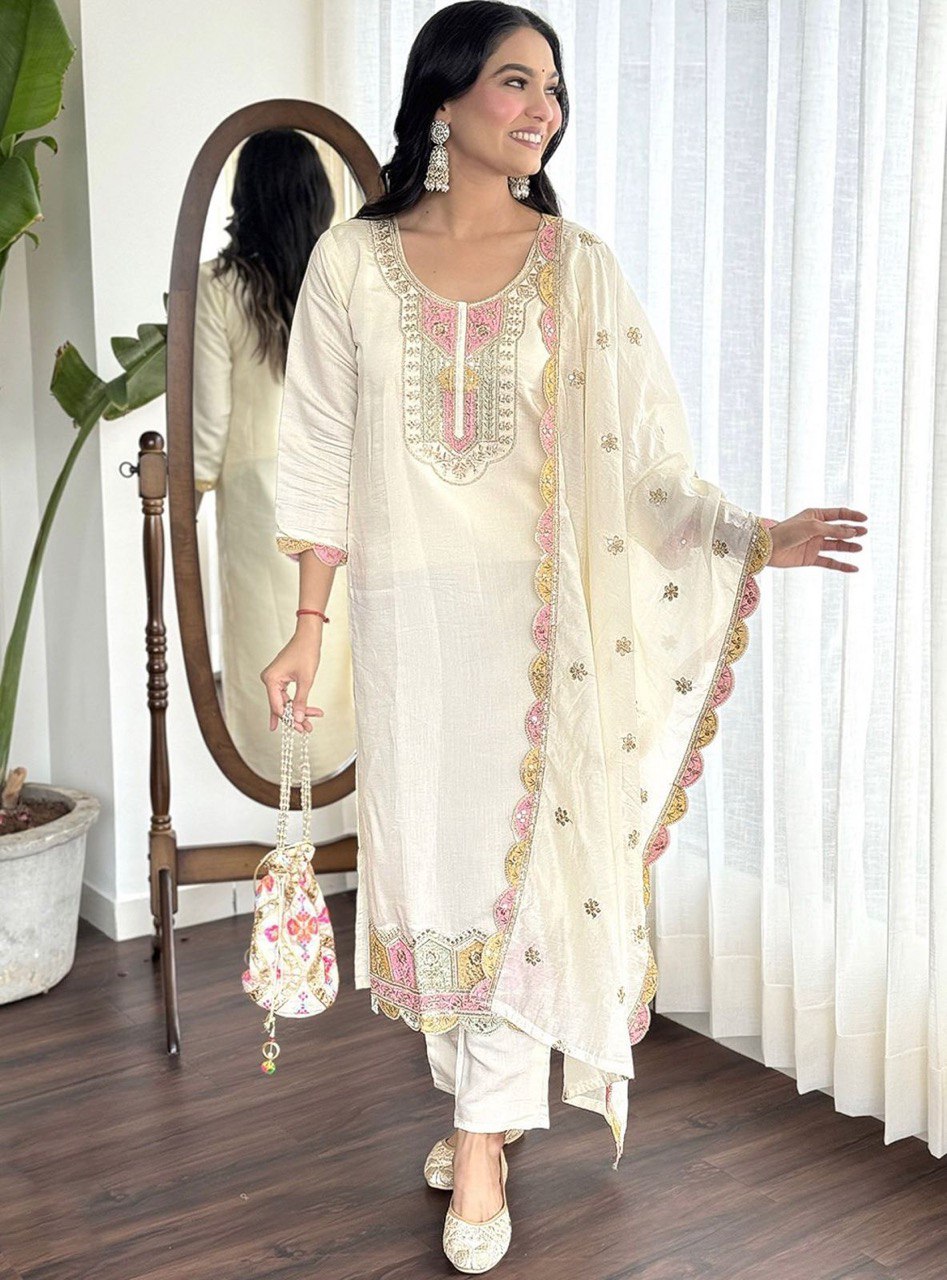 Elegant Heavy Roman Silk Suit Set with Embroidery & Matching Dupatta | Ready to Wear