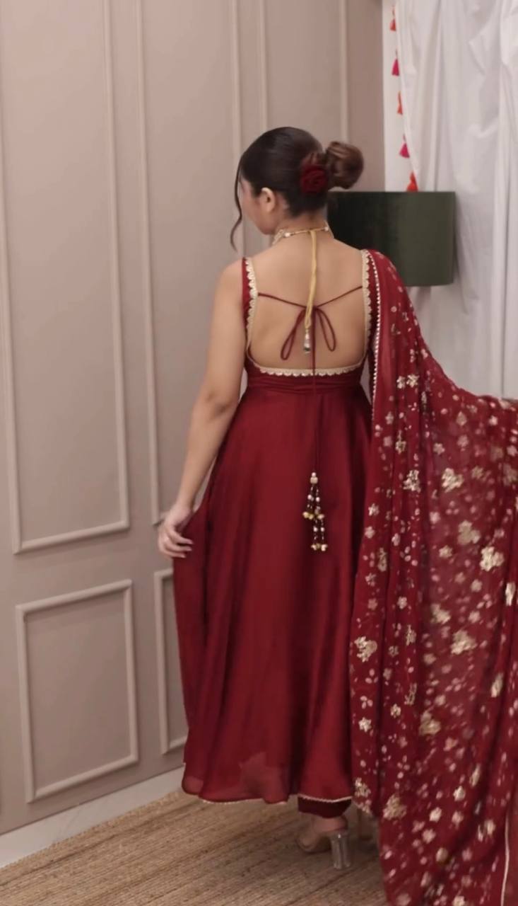 Party Wear Fully Stitched Outfit for Designer Heavy Faux Georgette Gown Set with Embroidered Dupatta & Bottom