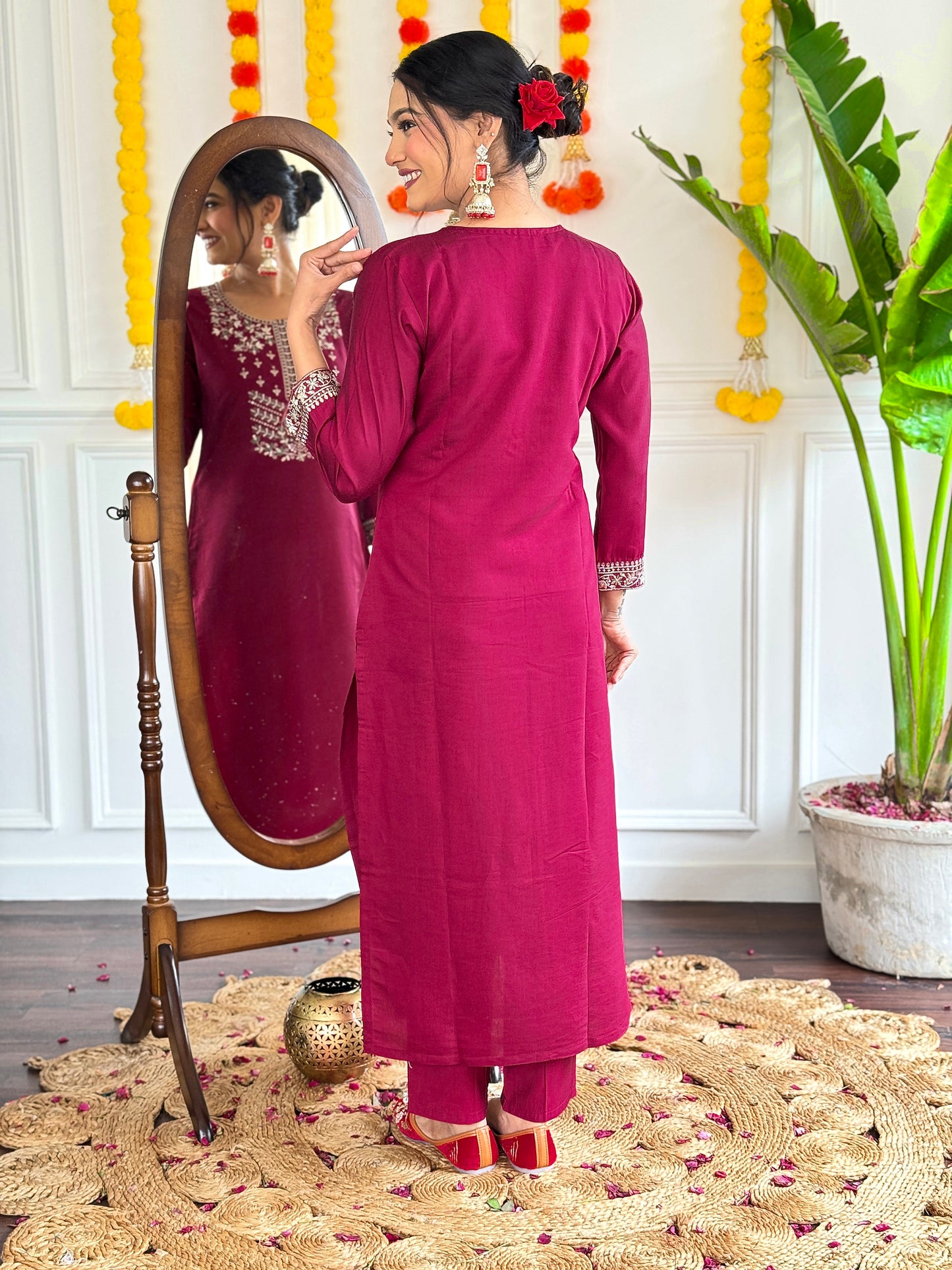 Women’s Viscose Chanderi Kurti Set with Embroidered Jacquard Dupatta & Pant – 3/4 Sleeves, Designer Round Neck