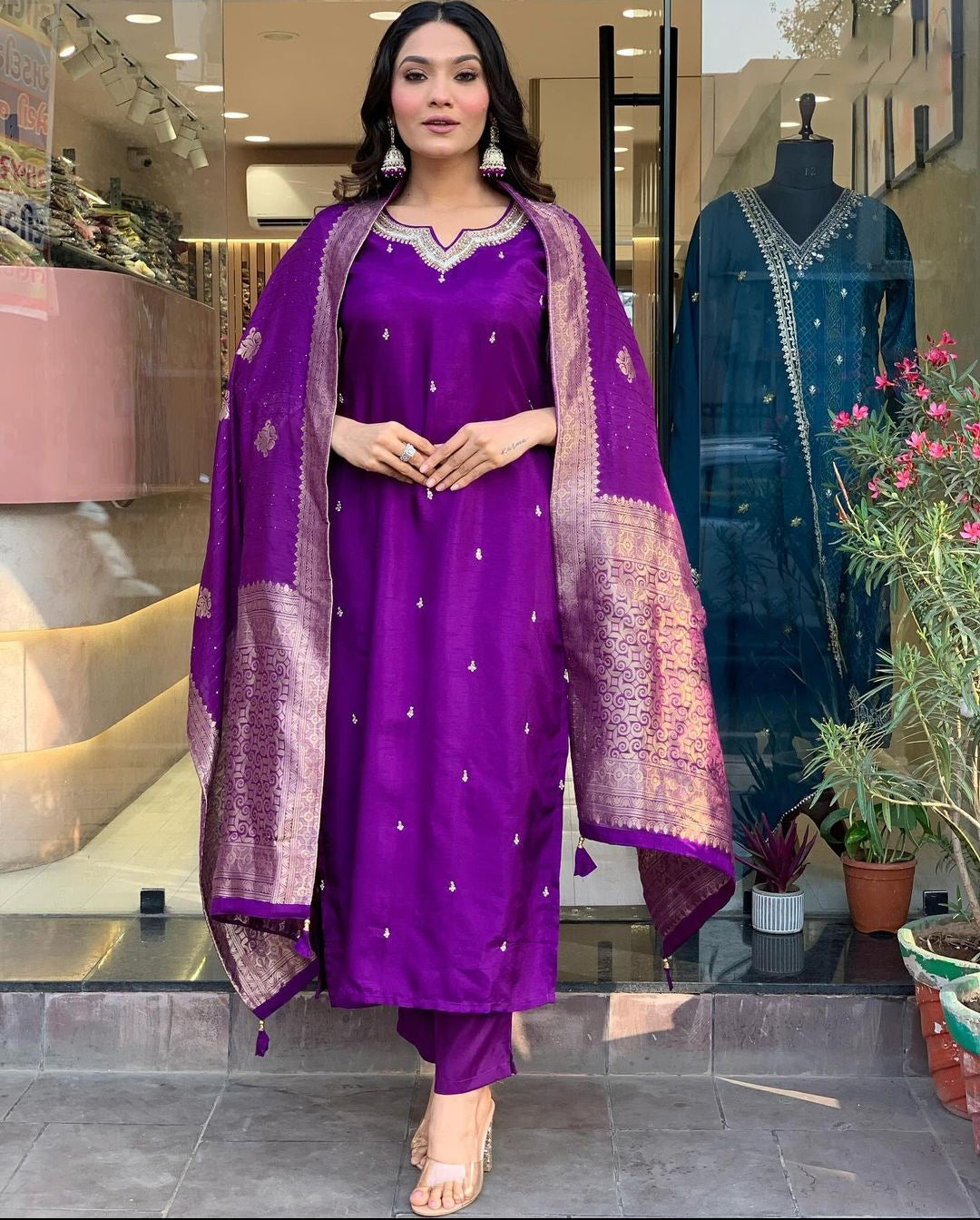 Designer Chanderi Kurti Set with Embroidery & Jacquard Dupatta