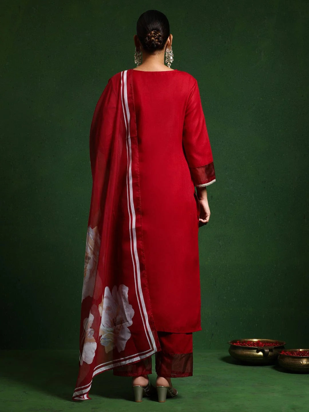 Women's PV Chanderi Embroidered Kurta with Pant & Premium Organza (Taby) Dupatta | Readymade 3-Piece Ethnic Suit Set | Elegant Wear for Festive, Semi-Formal & Special Occasions