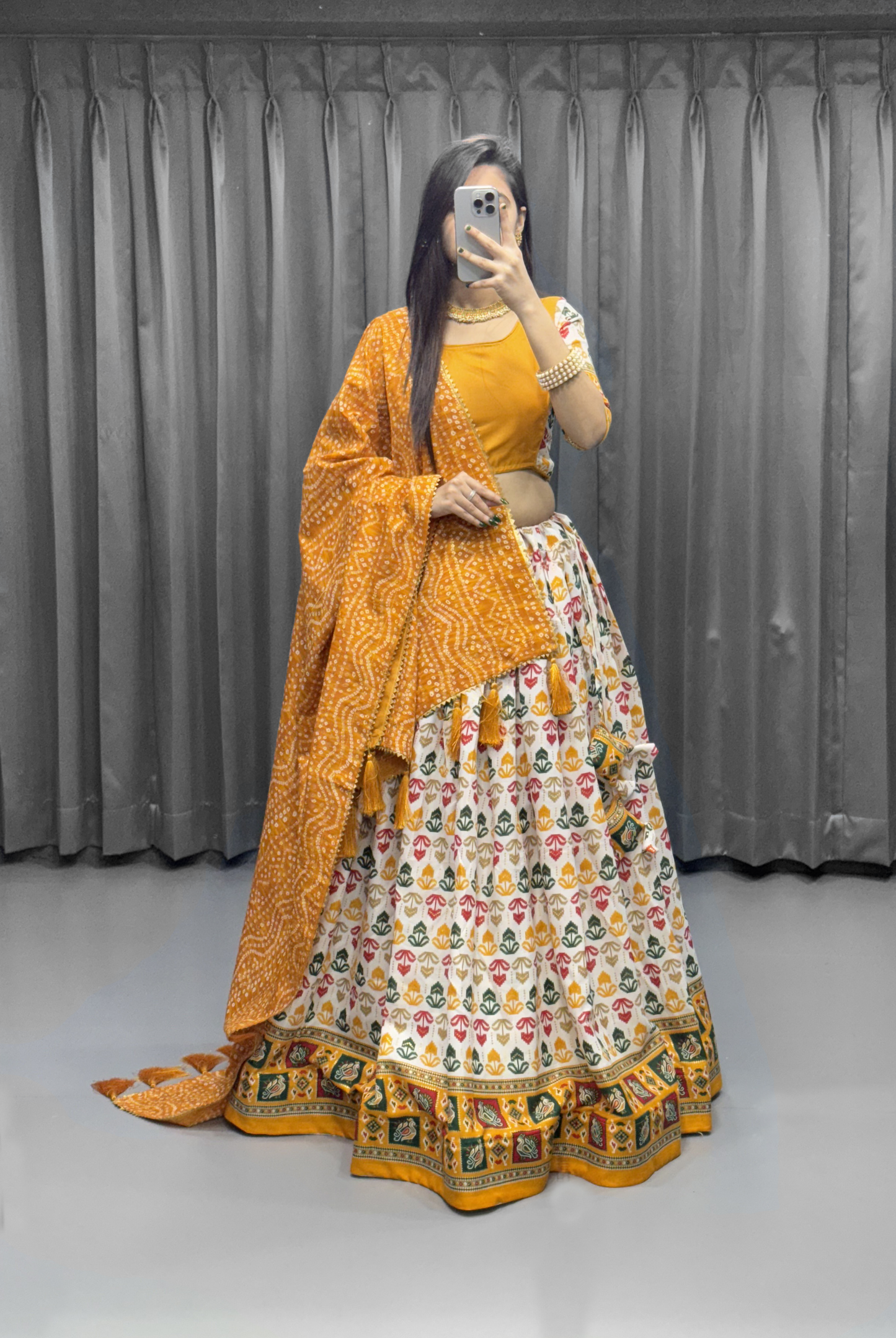 Women’s Cotton Lehenga Choli Set – Foil Print, Bandhani Dupatta, Adjustable Fit