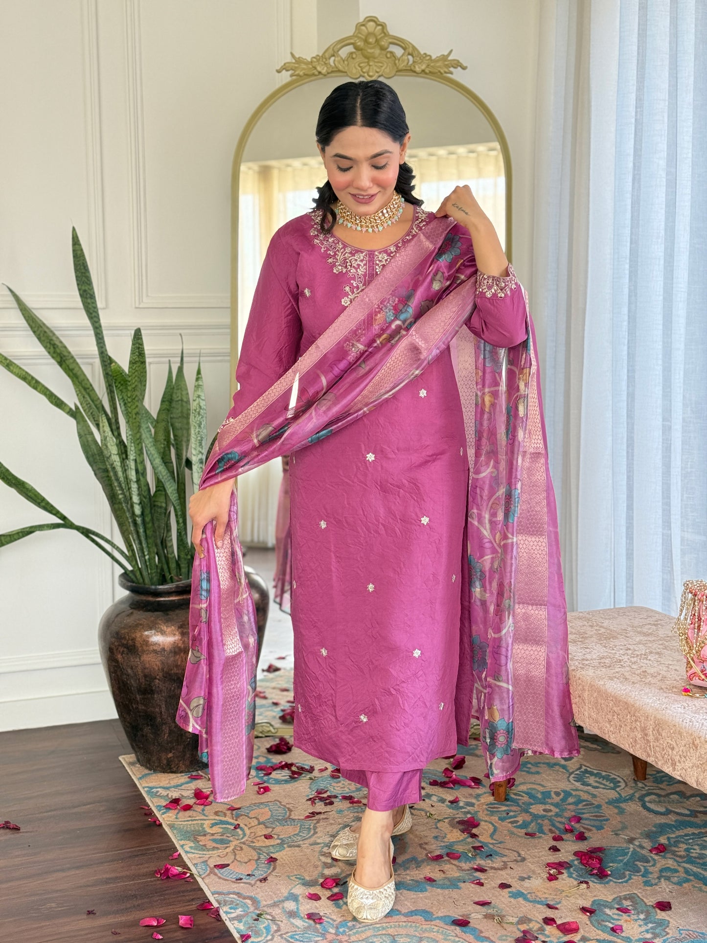 Designer Embroidered Suit Set in Chanderi with Jacquard Dupatta