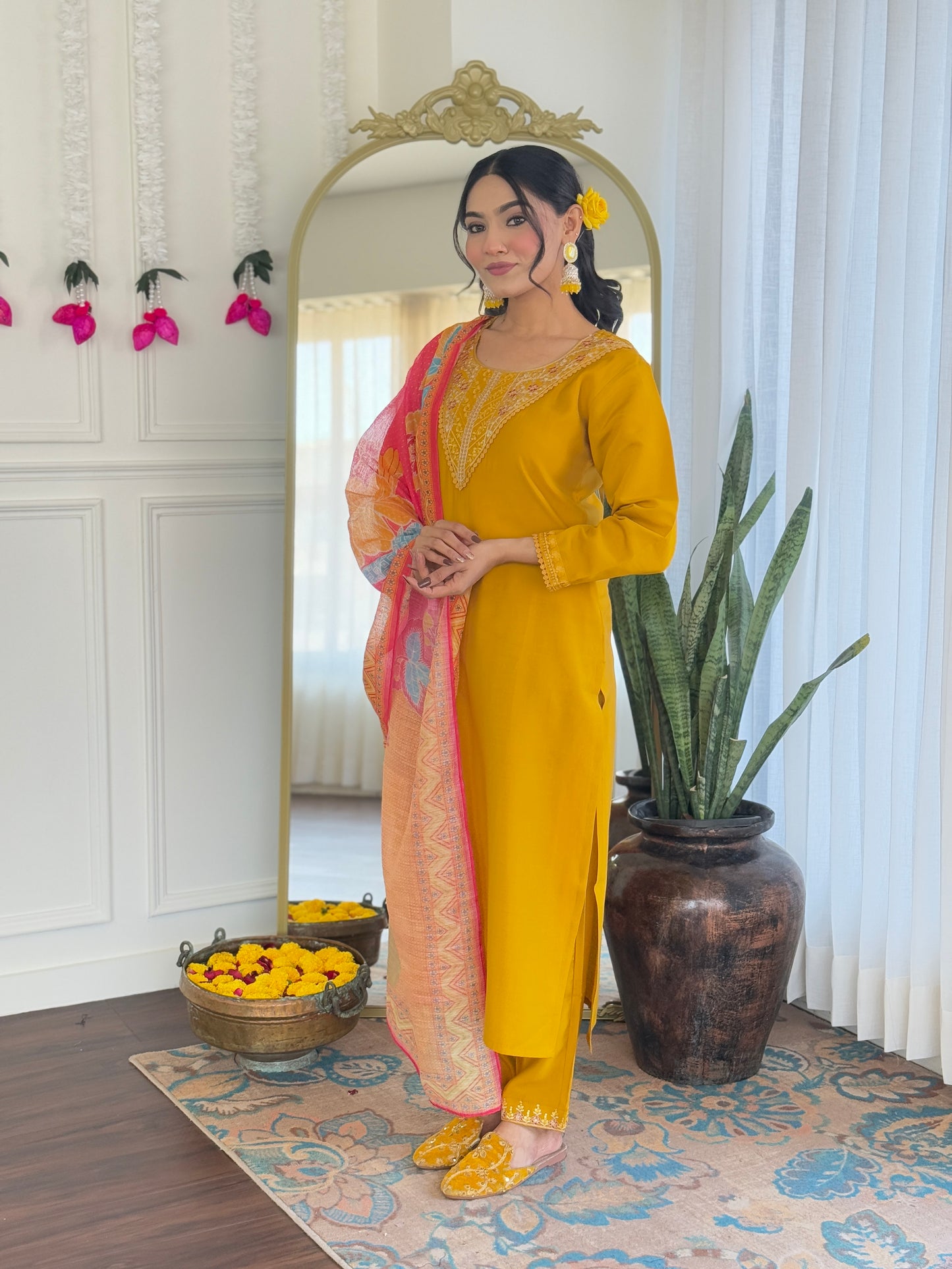 Women's Chanderi Silk Embroidered Kurta with Pant & Pure Linen Dupatta | Premium Readymade 3-Piece Ethnic Suit Set | Elegant Wear for Festive, Semi-Formal & Traditional Occasions