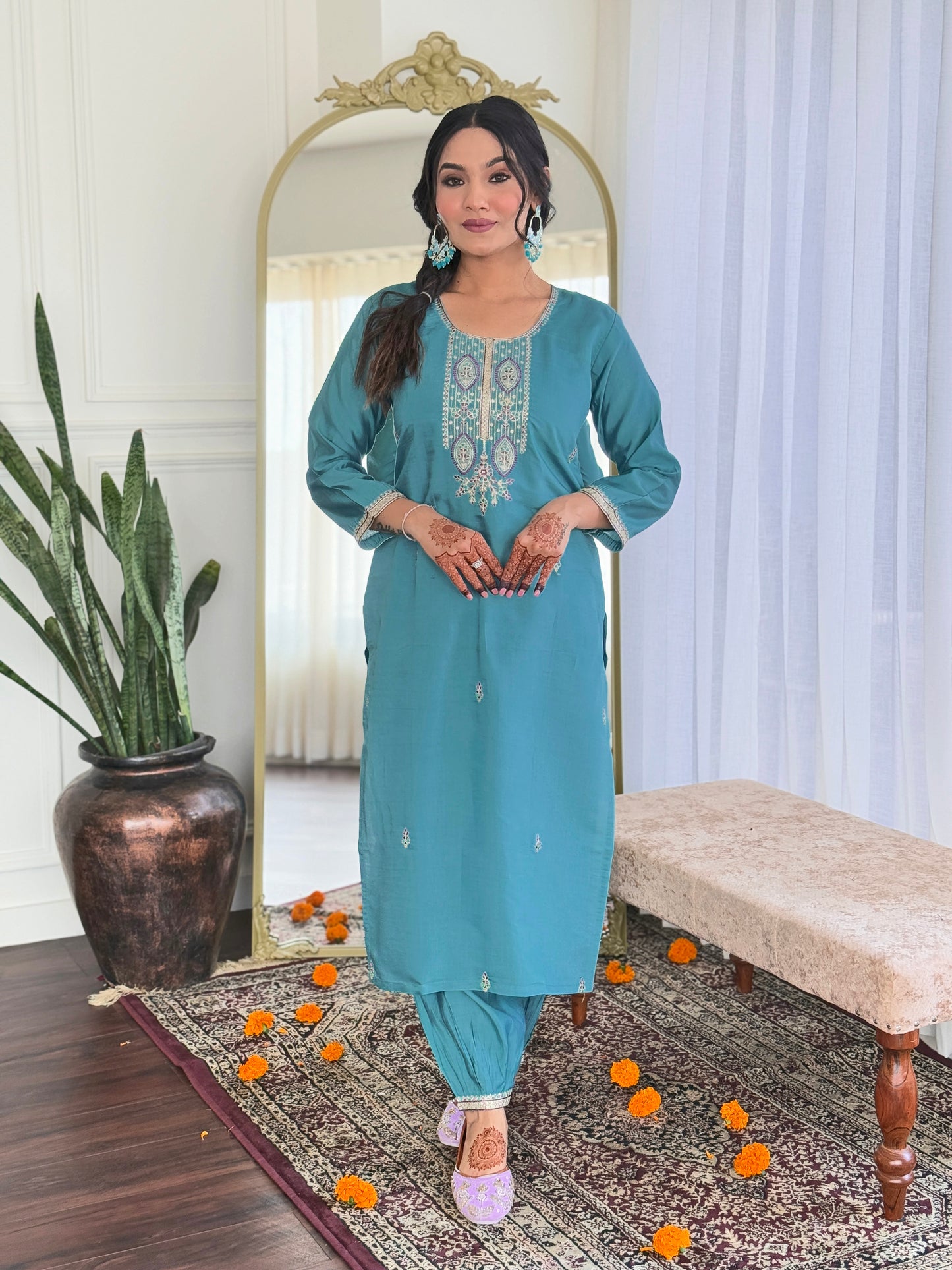 Chanderi Embroidery Suit with Linen Dupatta – Everyday Festive