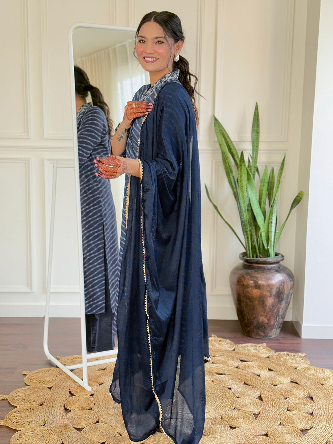 Traditional Muslin Kurta Pant Set with Flowing Dupatta