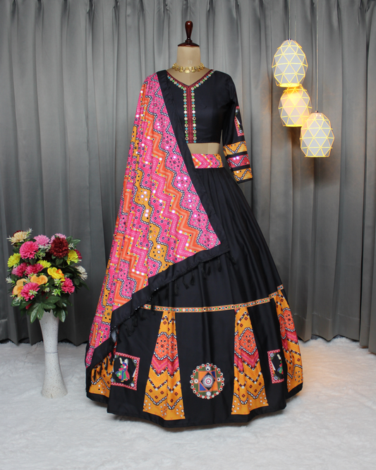 Women’s Butter Silk Navratri Lehenga Choli – Stitched, Real Mirror & Digital Print Work