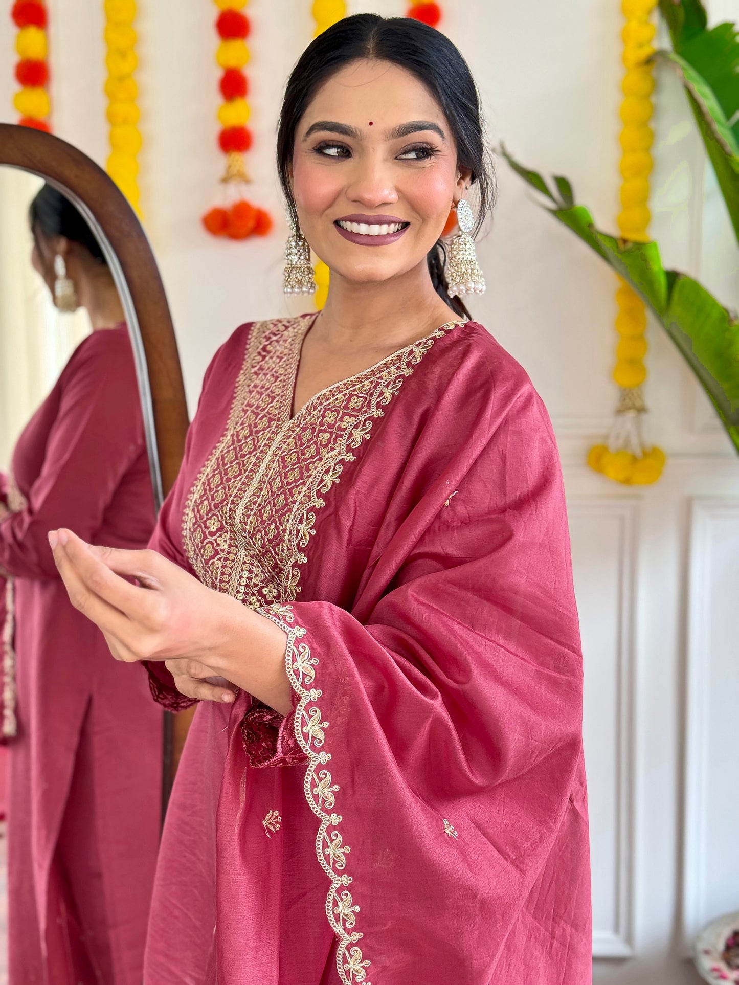 Women’s Viscose Chanderi Kurti Set with Embroidered Nylon Chanderi Dupatta & Pant – Full Sleeves, Designer V Neck