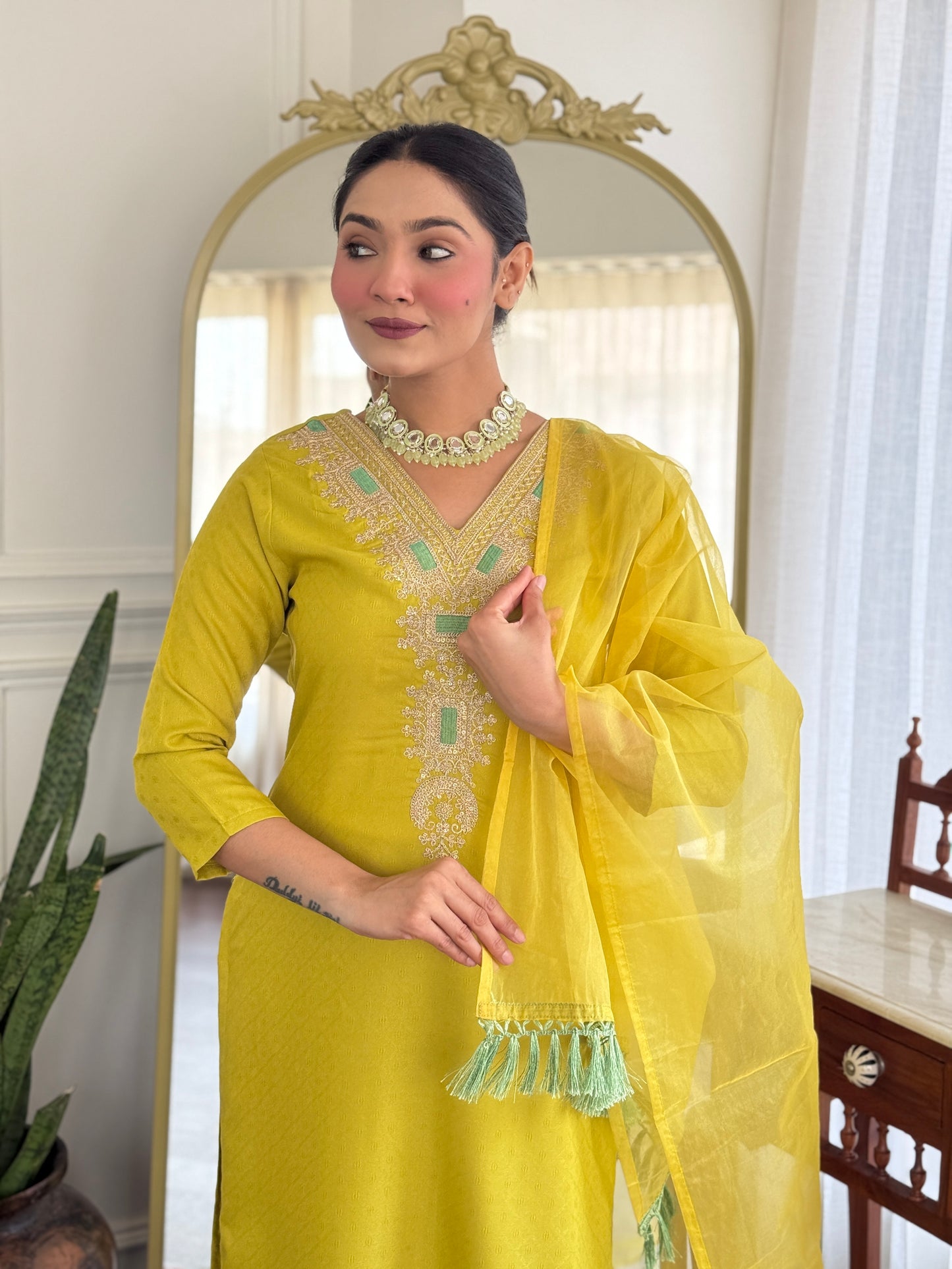 Latest Style Embroidered Viscose Rayon Suit Set with Organza Dupatta