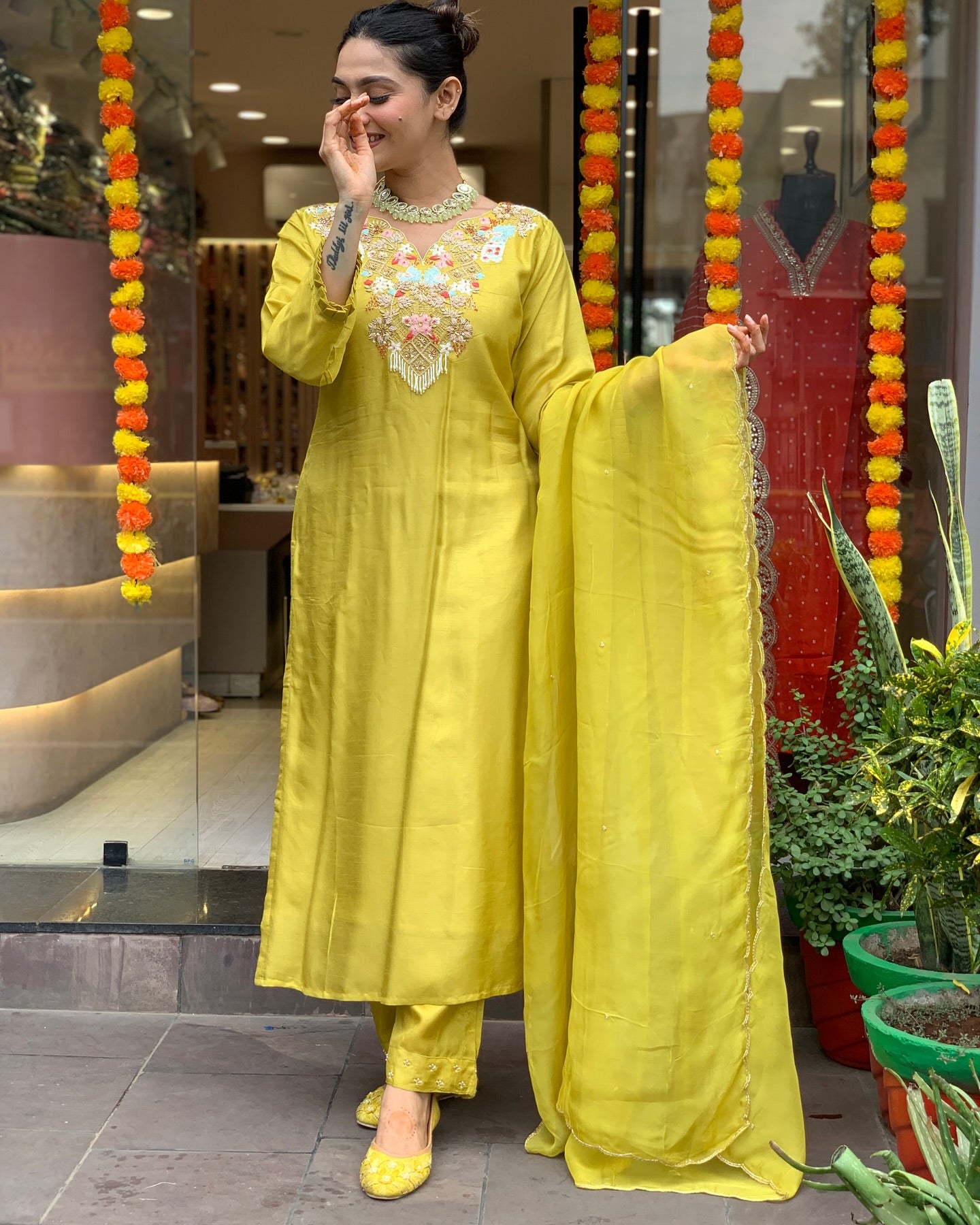 Chanderi Silk Embroidered Suit Set with Lightweight Organza Dupatta