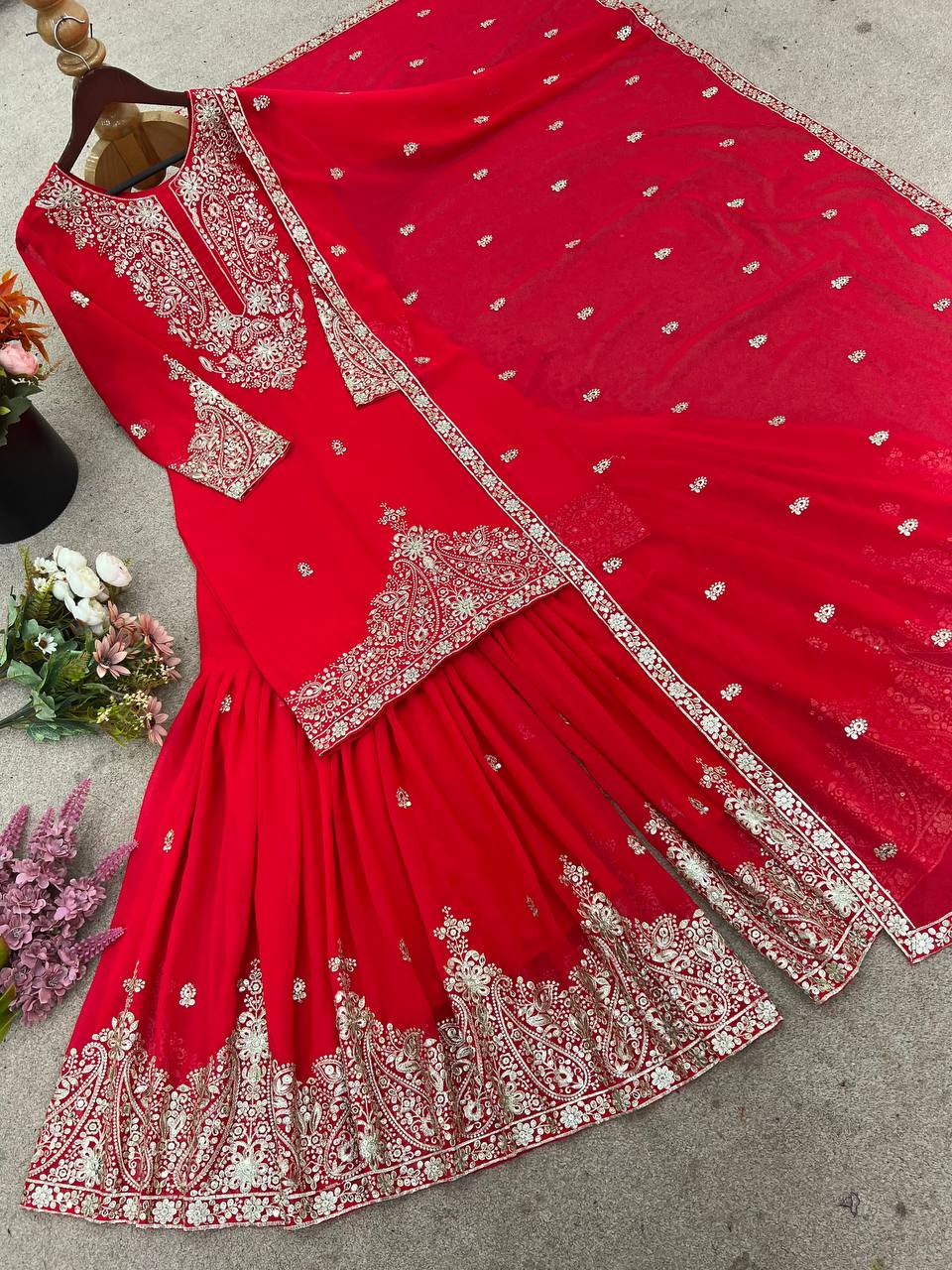 Designer Faux Georgette Sharara Set with Embroidered Dupatta | Fully Stitched Premium Ethnic Wear