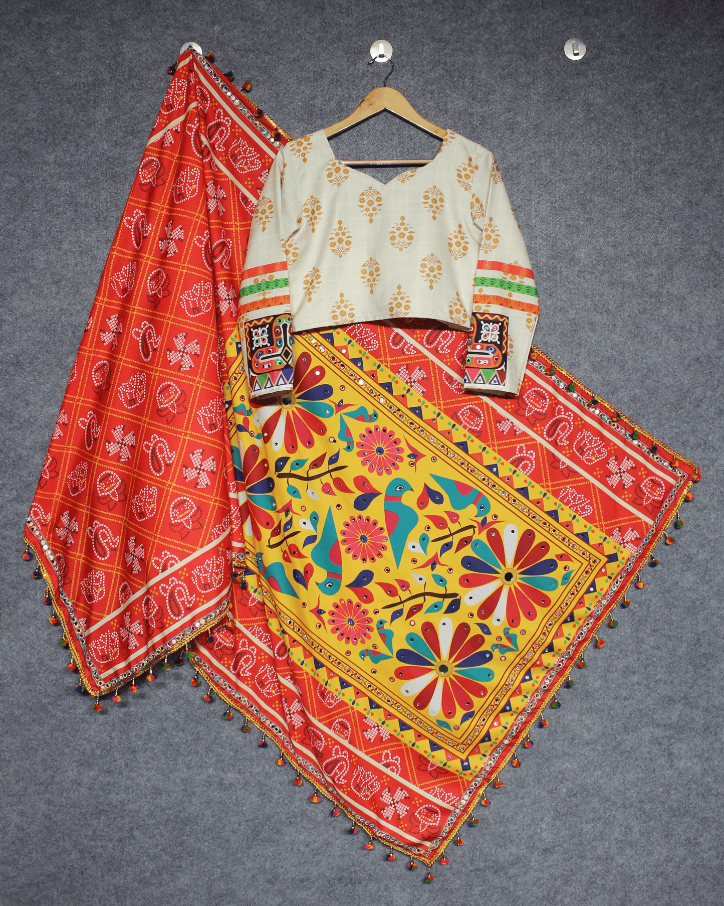 Women’s Festive Lehenga Choli – Butter Silk with Real Mirror Work & Printed Dupatta | Stitched | Navratri Wear