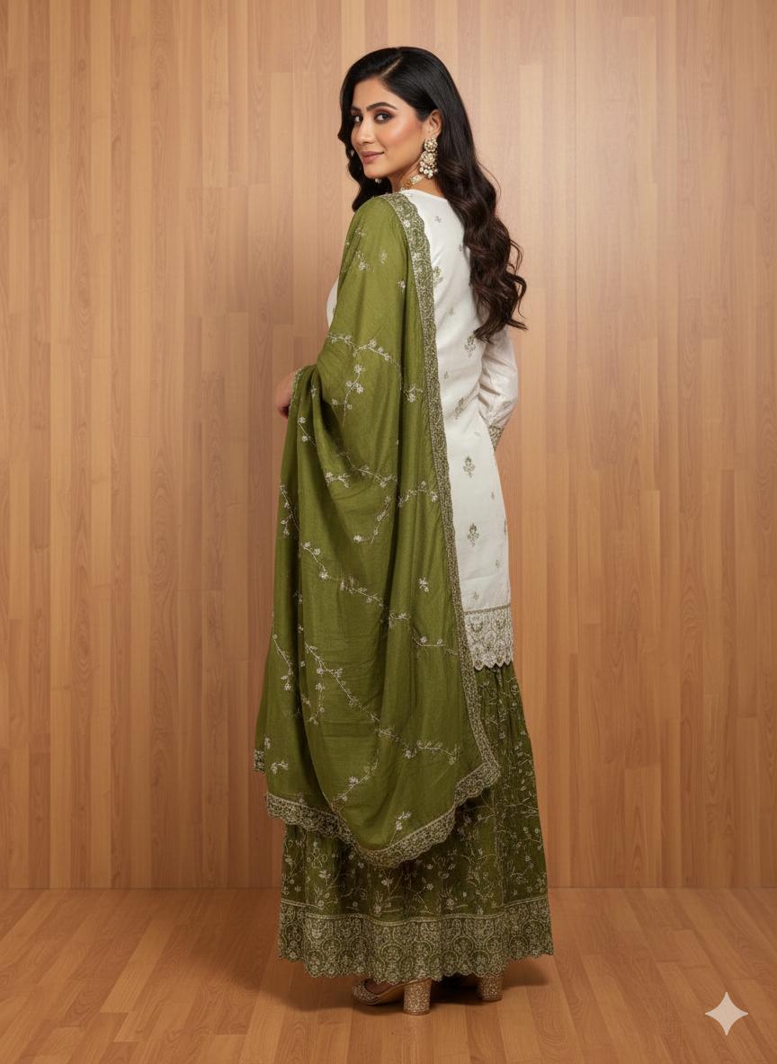 Women Olive Green Embroidered Sharara Suit Set | Short Kurti with Sharara & Dupatta | Party & Festive Wear