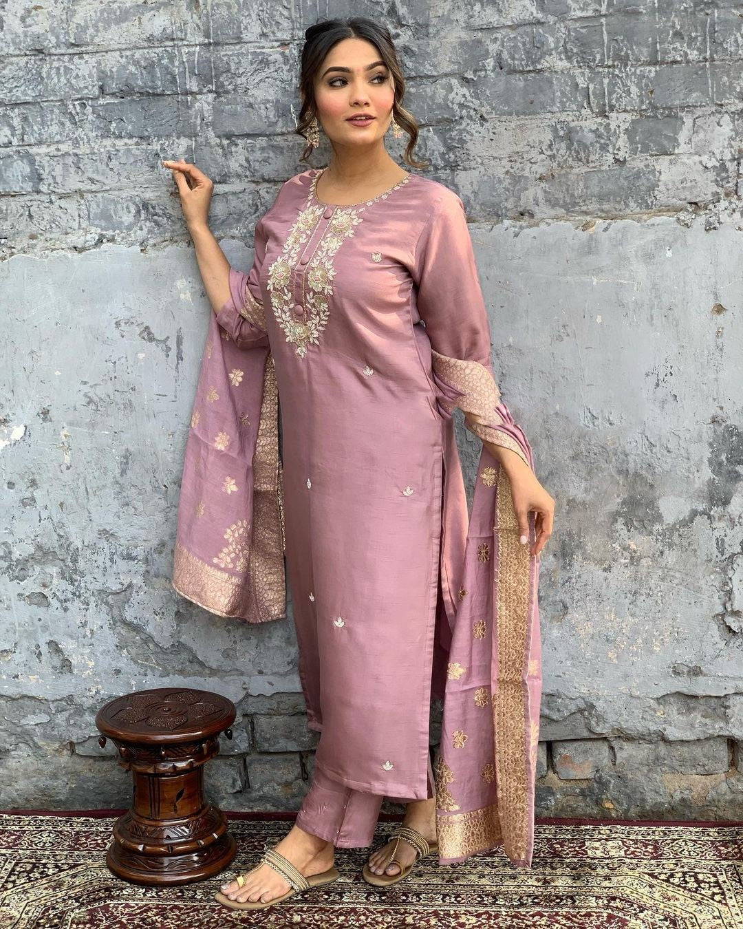 Women’s Viscose Chanderi Kurti Set with Embroidered Jacquard Dupatta & Pant – Full Sleeves, Designer Round Neck