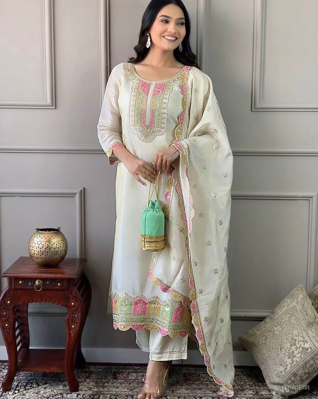 Elegant Heavy Roman Silk Suit Set with Embroidery & Matching Dupatta | Ready to Wear