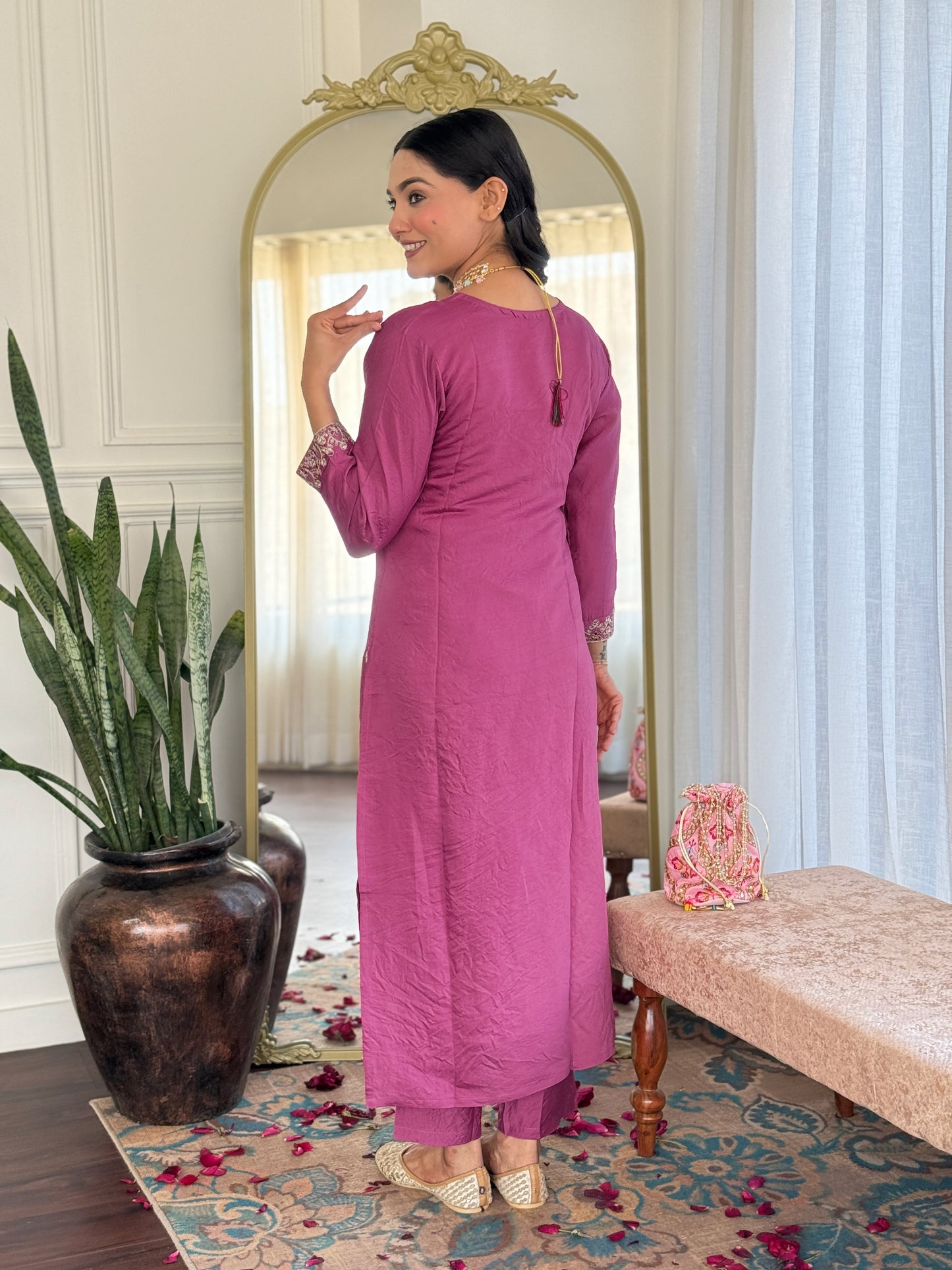 Designer Embroidered Suit Set in Chanderi with Jacquard Dupatta
