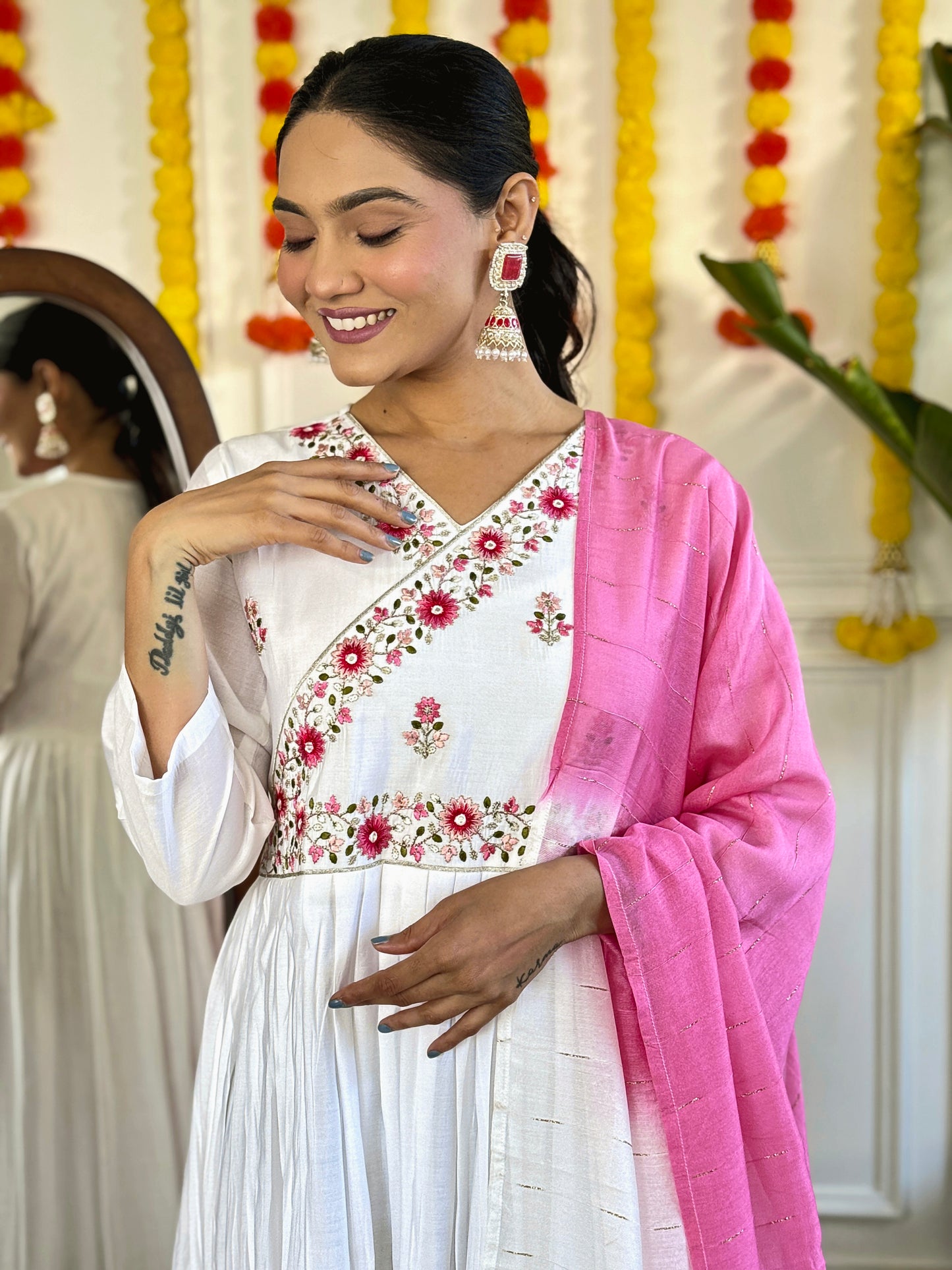 Stylish Embroidered Chanderi Ensemble with Flowy Jacquard Dupatta
