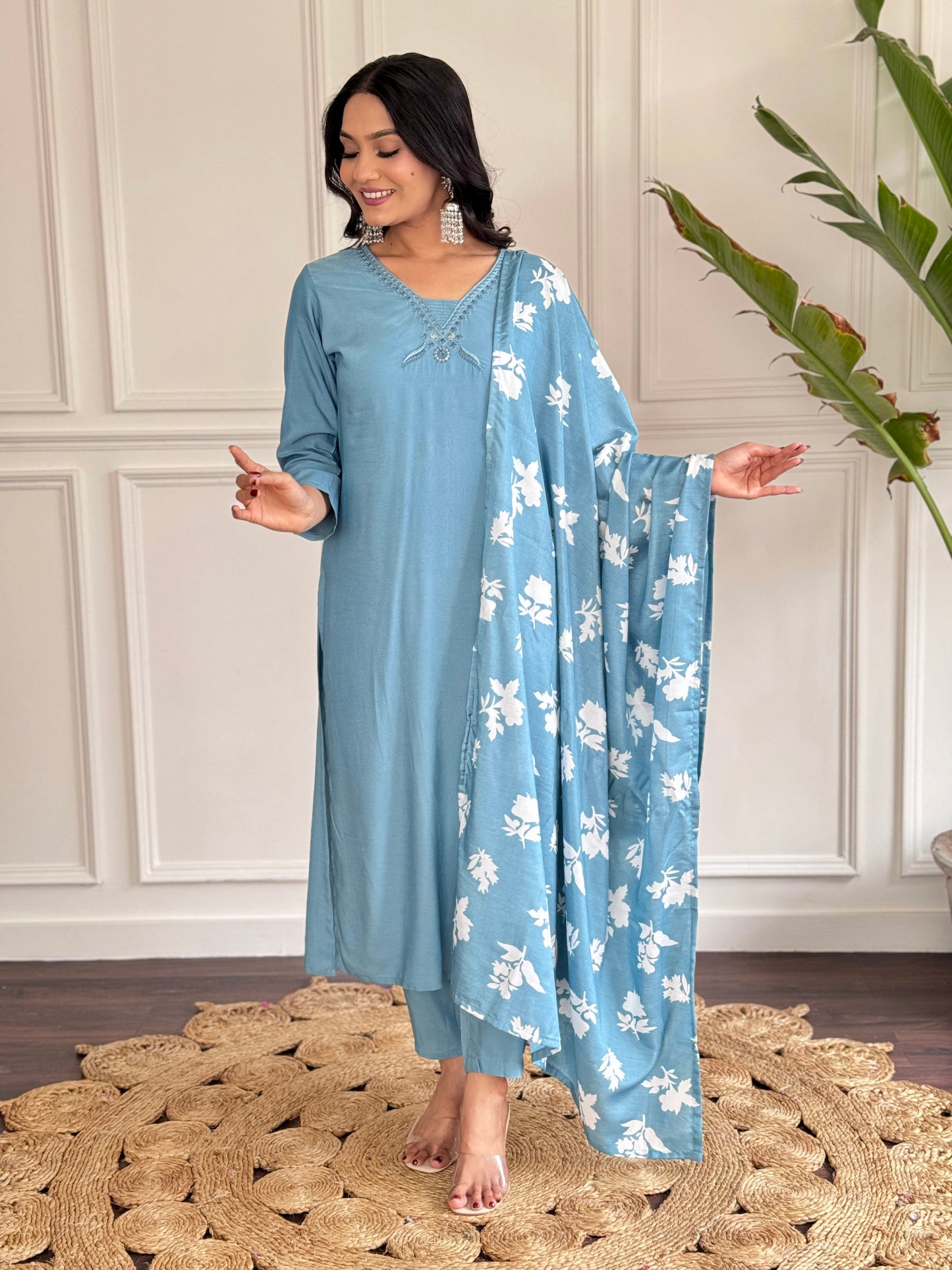 Designer Viscose Chanderi Embroidered Suit with Silk Dupatta