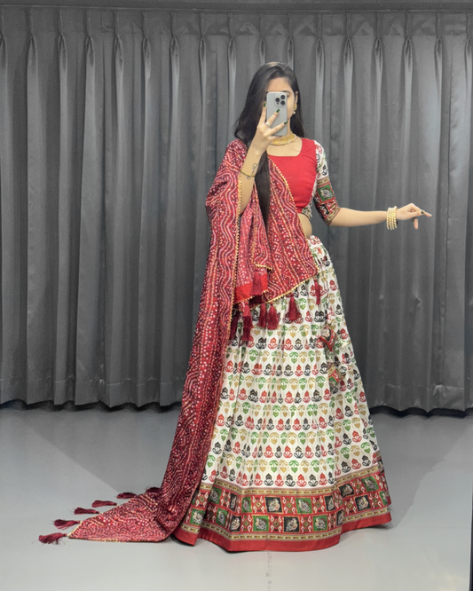 Women’s Cotton Lehenga Choli Set – Foil Print, Bandhani Dupatta, Adjustable Fit