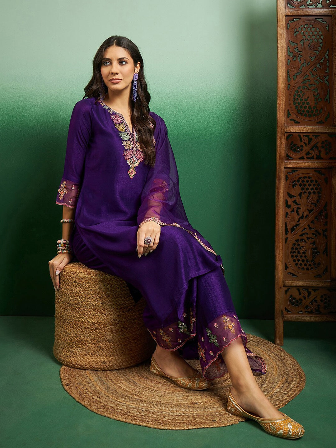 Women's Chanderi Cotton Kurti Set with Heavy Embroidered Organza Dupatta – Traditional Look