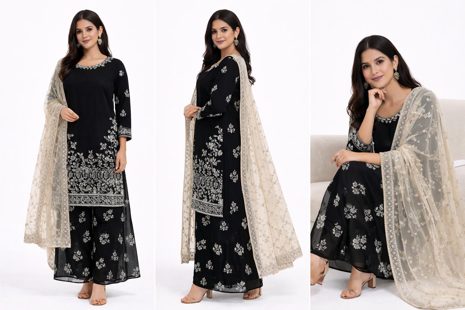 Latest Black Embroidered Fox Georgette Suits Palazzo Set with Chanderi Silk Dupatta | Fully Stitched | Festive & Party Wear