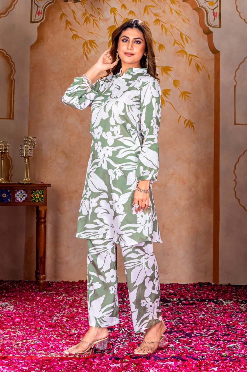 Women’s Elegant Straight-Fit Co-ord Set | BSY Chinon Kurti & Pant | Ready to Wear