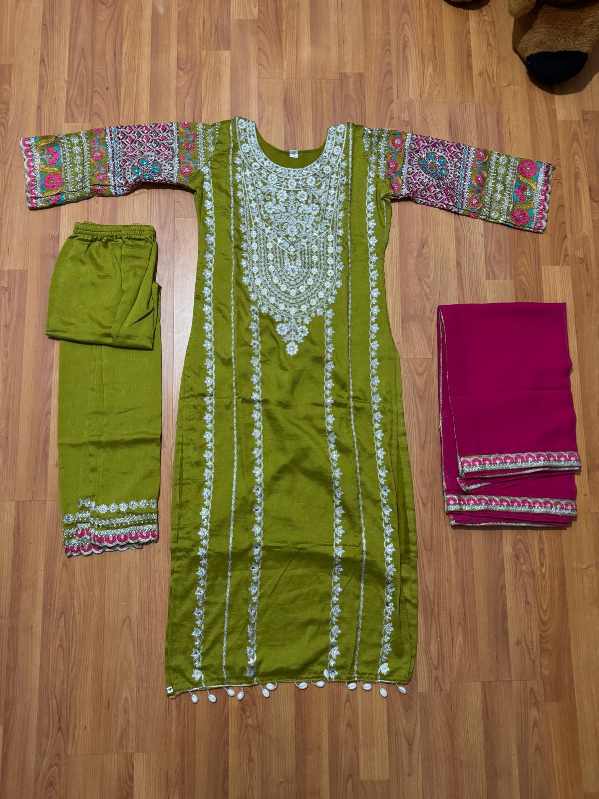 Women’s Green Embroidered Chinnon Kurta Pant Set with Dupatta | Fully Stitched Ethnic Wear | Festive & Party Outfit