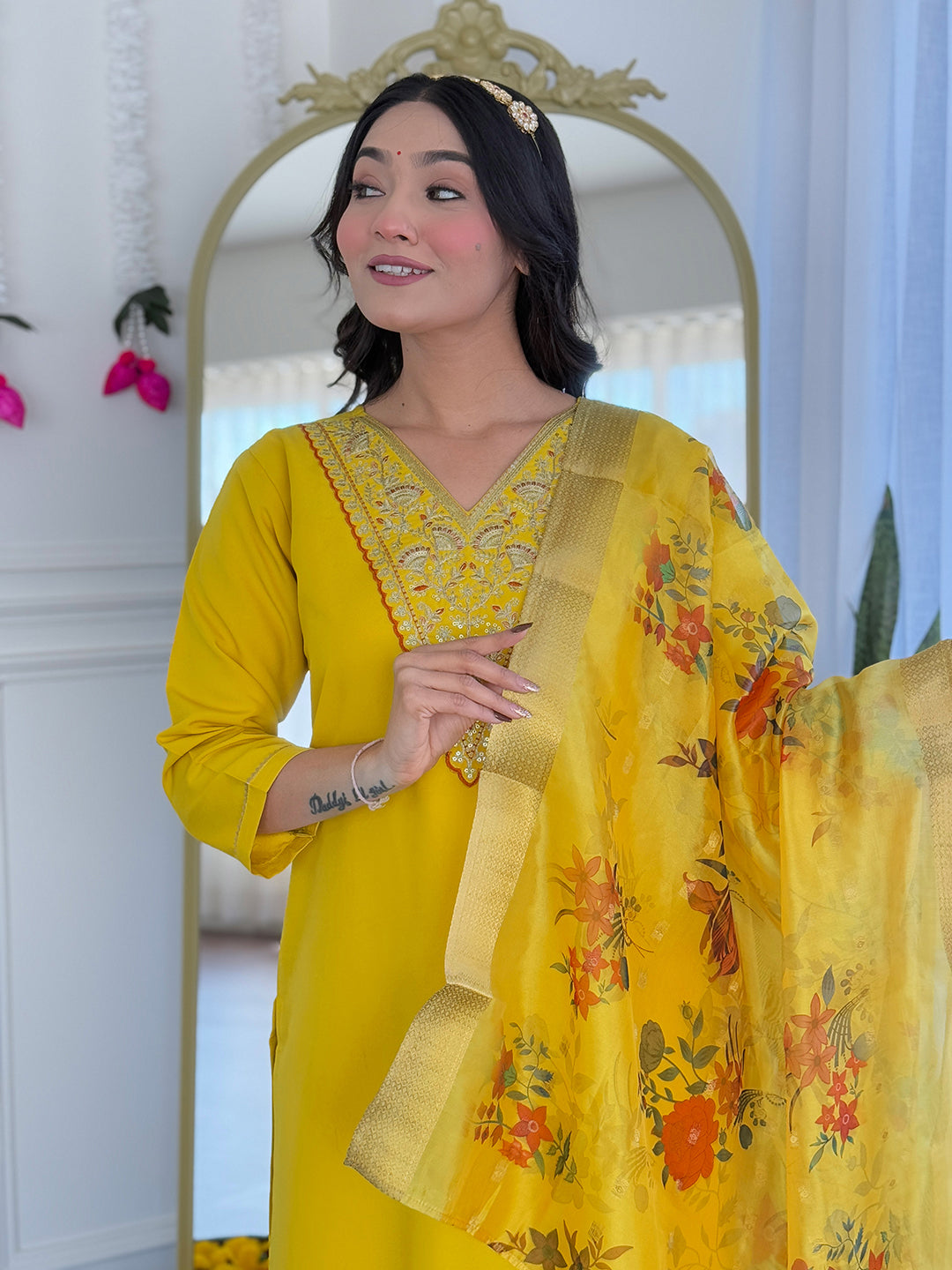 Women's Rayon Embroidered Kurta with Pant & Printed Taby Jacquard Dupatta | Readymade 3-Piece Ethnic Suit Set | Elegant & Comfortable Outfit for Daily, Festive & Semi-Formal Wear