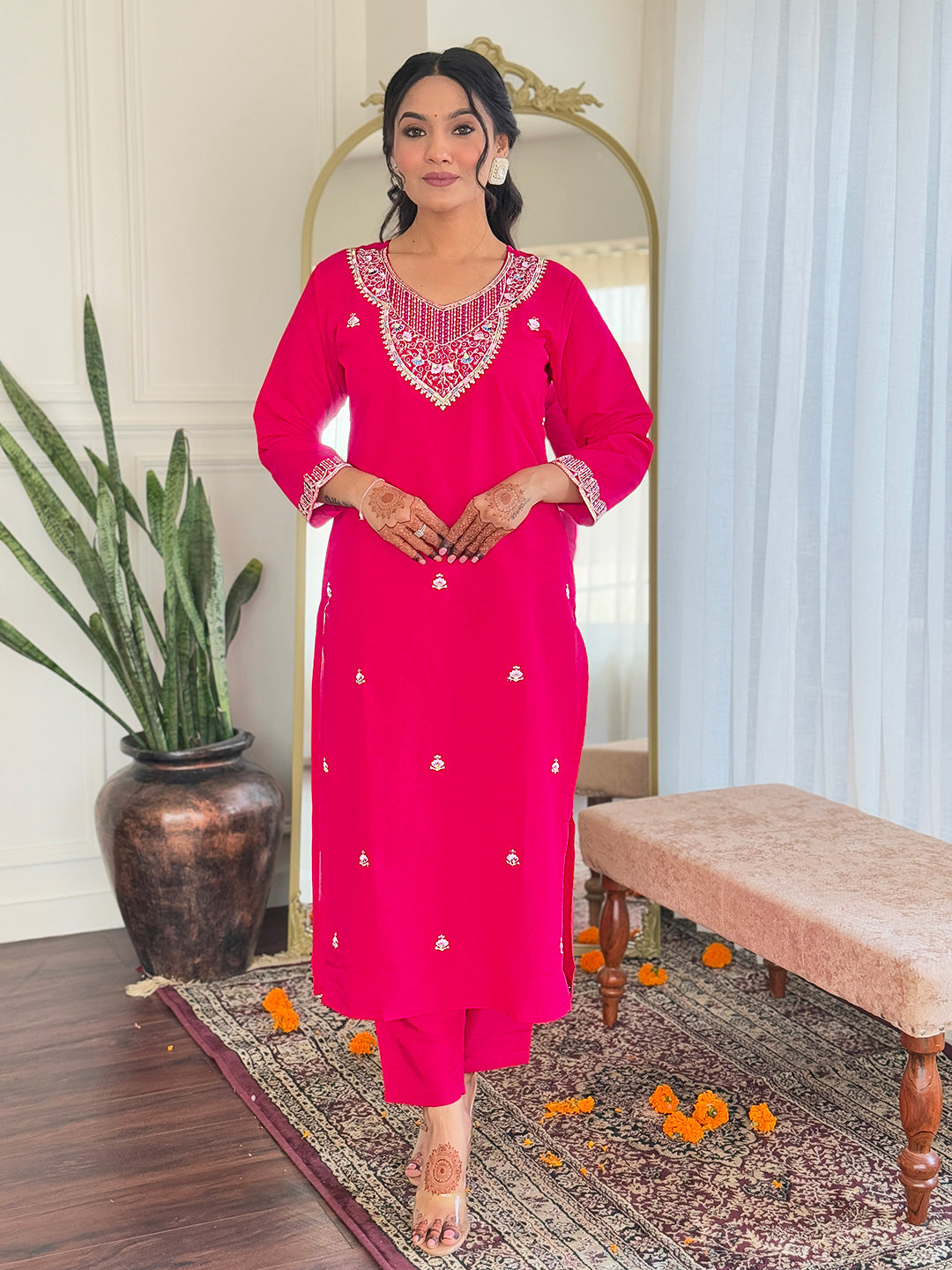Embroidered Viscose Chanderi Suit Set with Elegant Linen Dupatta – 3-Piece Graceful Ethnic Ensemble