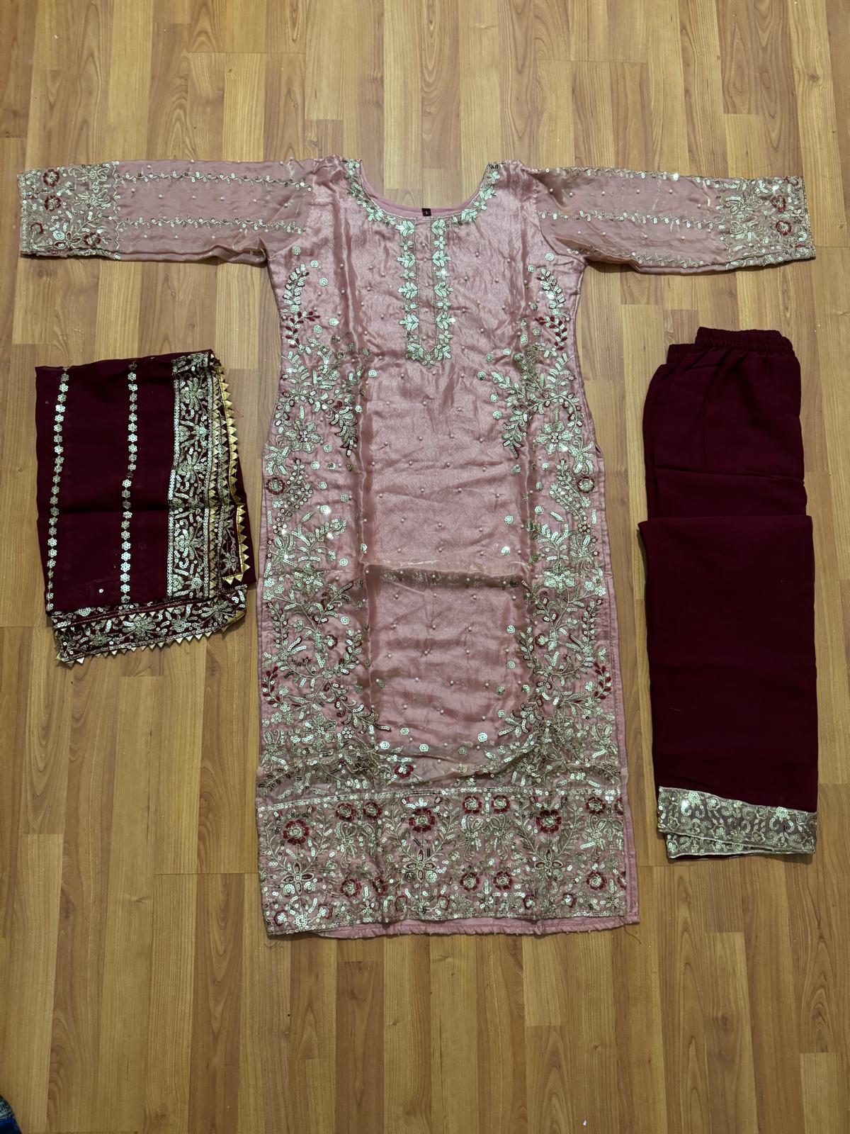 Women’s Rose Pink & Deep Maroon Chinnon Embroidered Kurta Sharara Set with Dupatta | Fully Stitched Festive Wear