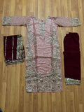 Women’s Rose Pink & Deep Maroon Chinnon Embroidered Kurta Sharara Set with Dupatta | Fully Stitched Festive Wear