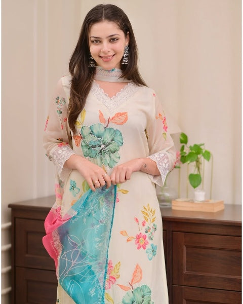 Women's Nylon Taby Embroidered Kurta with Viscose Pant & Dupatta | Readymade 3-Piece Suit Set | Elegant & Comfortable Ethnic Wear for Festive, Casual & Semi-Formal Use