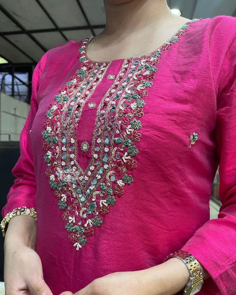 Women’s Viscose Chanderi Kurti Set with Embroidered Pure Organza Dupatta & Pant – 3/4 Sleeves, Round Neck