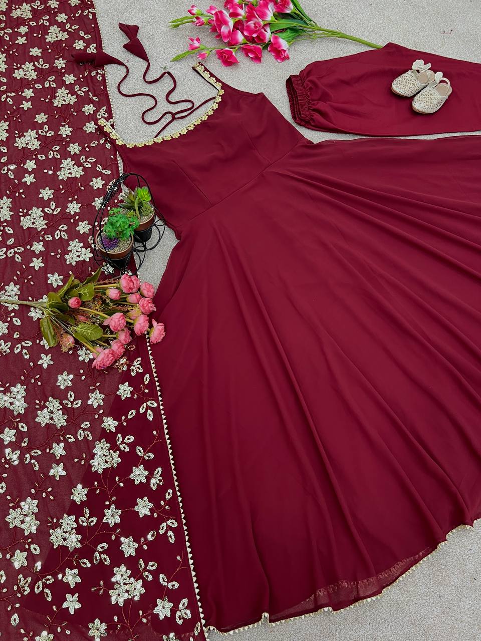 Party Wear Fully Stitched Outfit for Designer Heavy Faux Georgette Gown Set with Embroidered Dupatta & Bottom