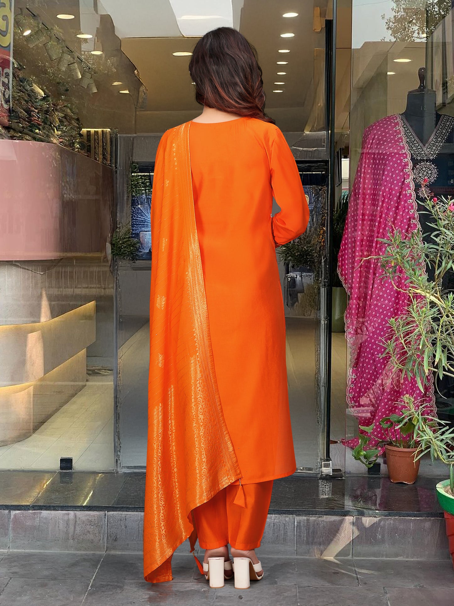 Women's Ready-to-Wear Viscose Chanderi Kurti Set with 3/4 Sleeves and Jacquard Dupatta – Traditional Elegance Wear