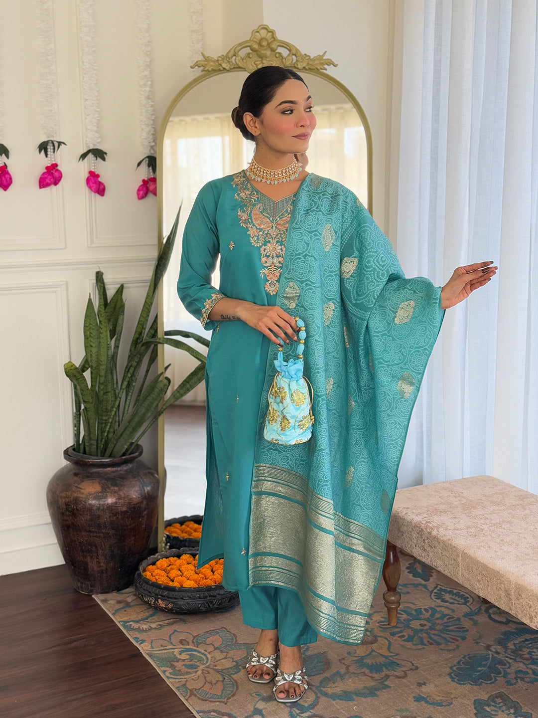 Women's Viscose Chanderi Embroidered Kurta with Pant & Nylon Jacquard Dupatta | Elegant Readymade 3-Piece Suit Set | Ethnic Wear for Festive, Semi-Formal & Daily Occasions